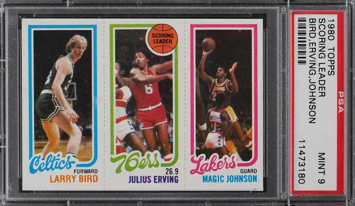 1981-82 Topps Scoring Leader card featuring Larry Bird, Julius Erving and Magic Johnson.