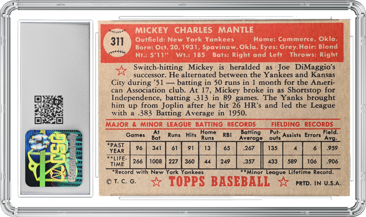 Back of 1952 Topps Mickey Mantle card graded CSG 8.