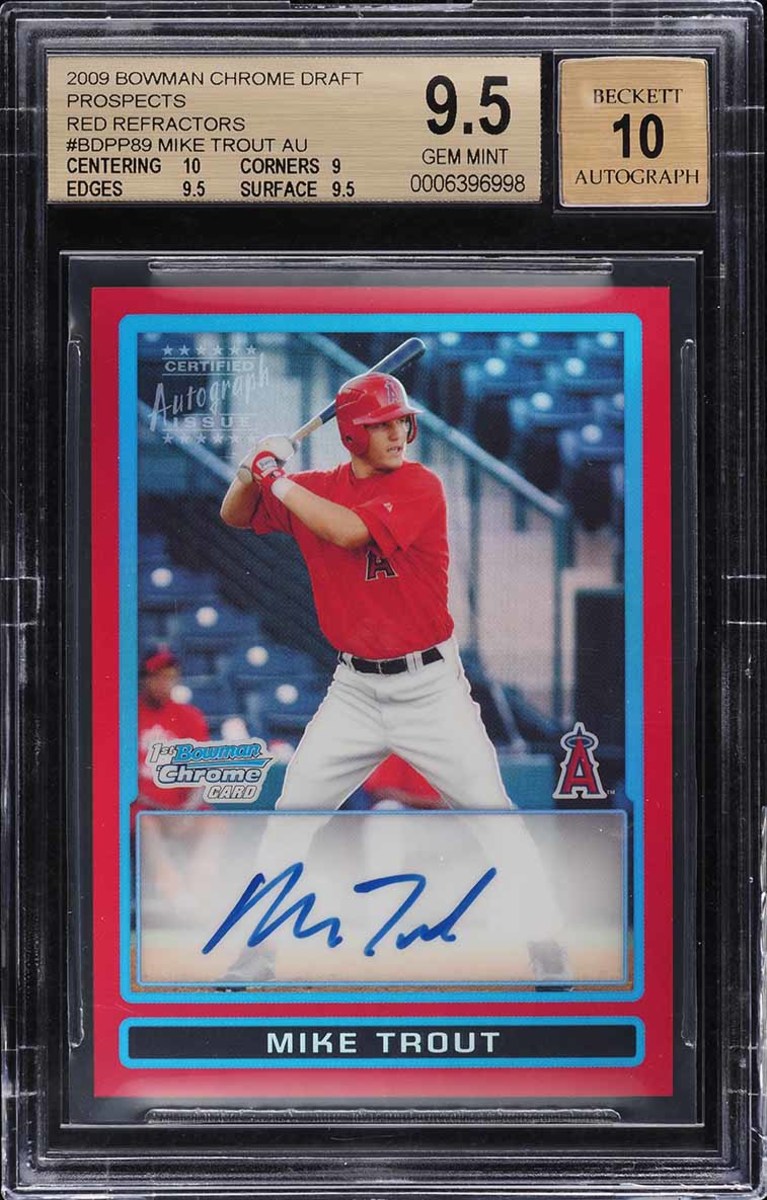 A 2009 Bowman Chrome Draft Prospects Mike Trout Red Refractor card that sold for more than $1 million.