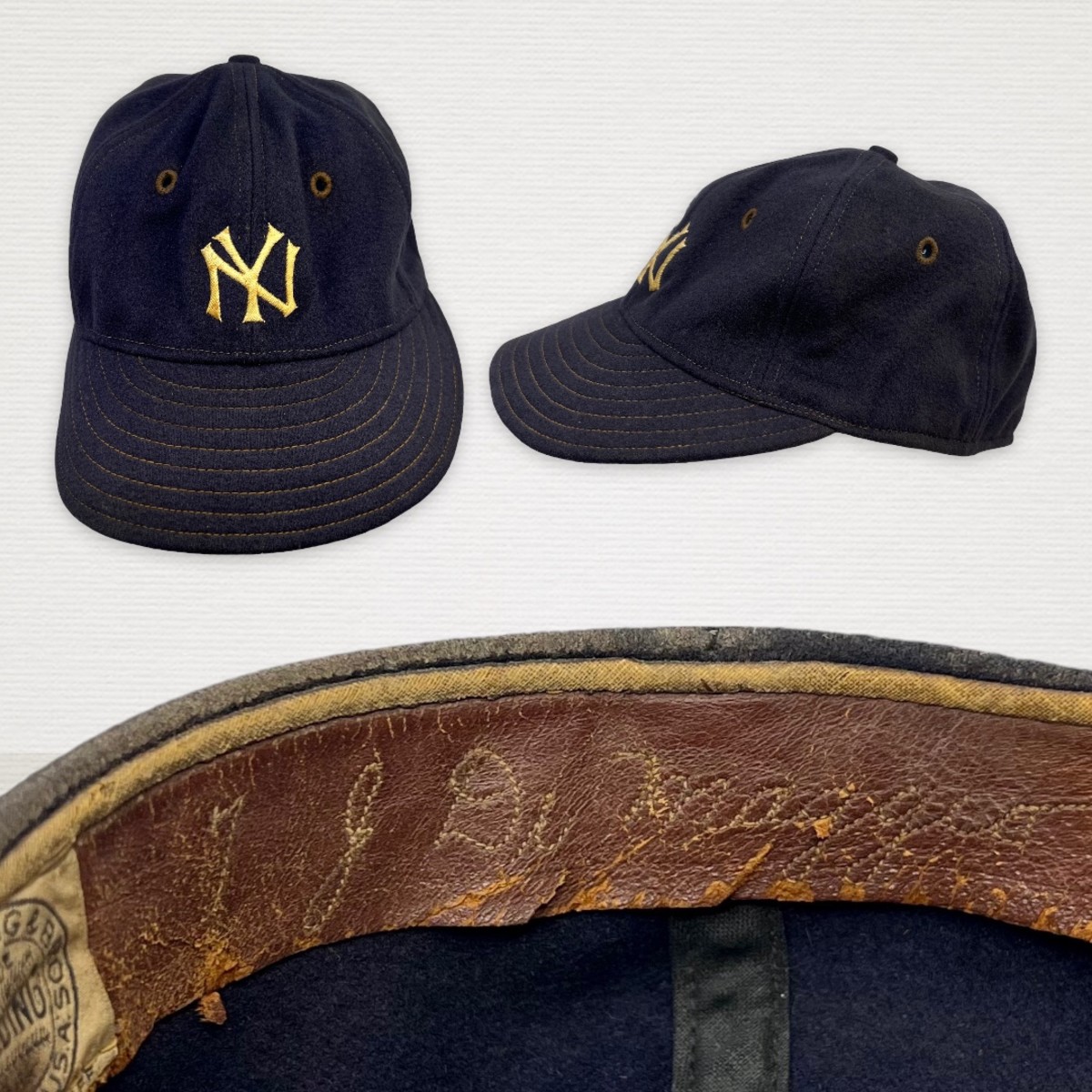 A Joe DiMaggio game-worn hat up for auction at Grey Flannel Auctions.
