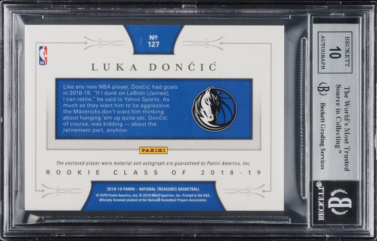 Back of 2018-19 National Treasures Logoman Luka Doncic 1/1 Rookie Patch Auto card.