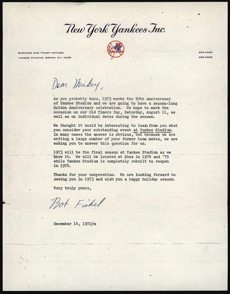 Cover letter sent to Mickey Mantle as part of a 1972 New York Yankees questionnaire for former players.