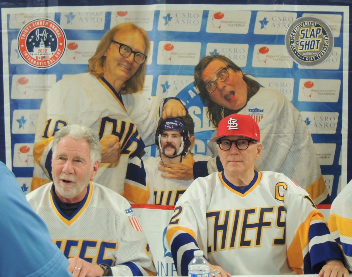 Cast members from the popular hockey movie "Slap Shot" sign autographs at the 2022 Toronto Sport Card Expo.