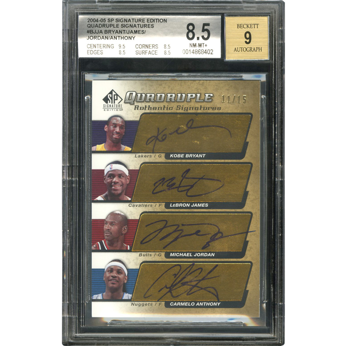 2004-05 SP Signature Quadruple Signatures card featuring Kobe Bryant, LeBron James, Michael Jordan and Carmelo Anthony.
