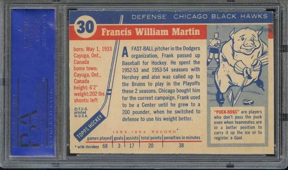 Back of 1954 Topps Hockey card. 