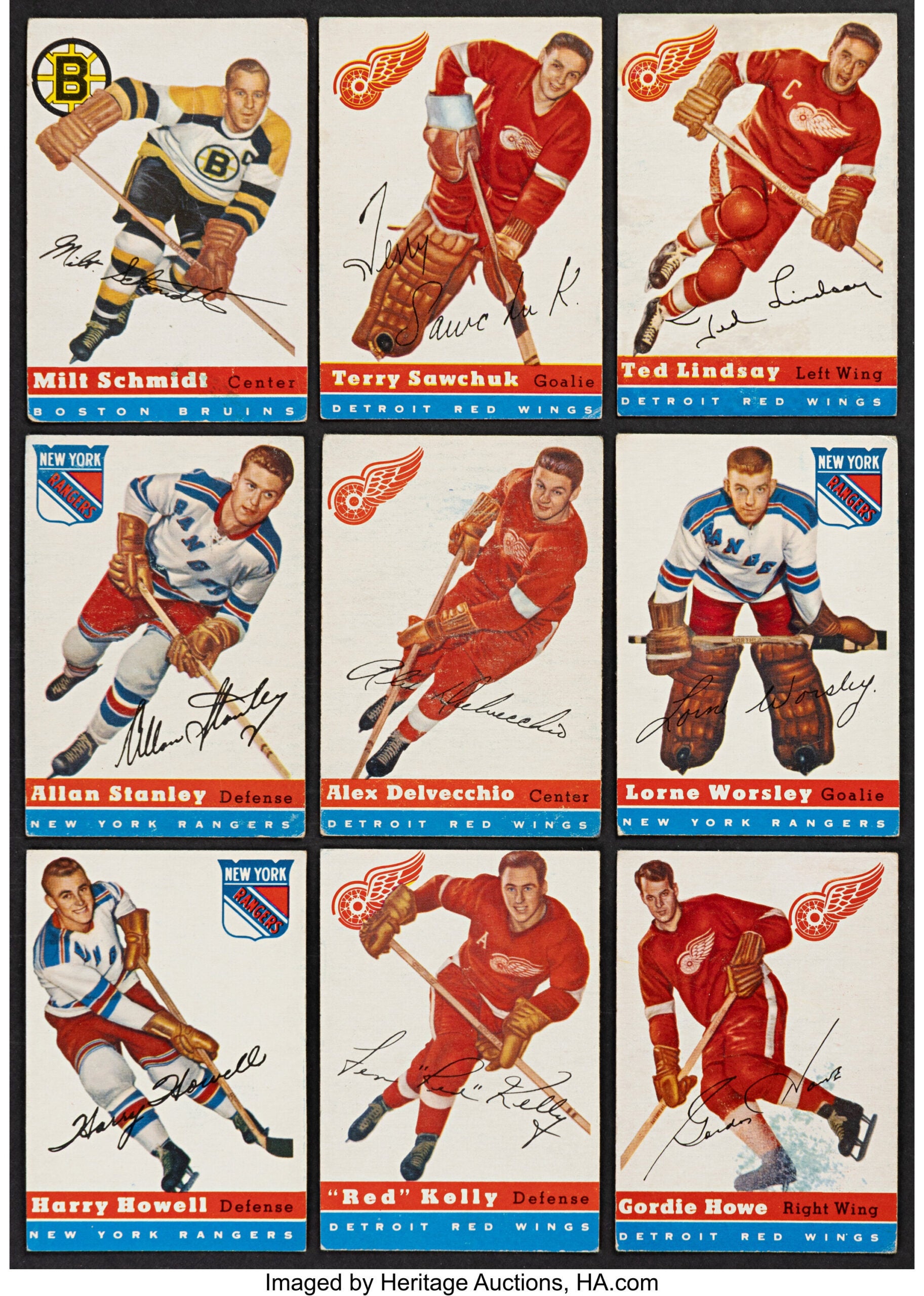 The 1954 Topps Hockey set featured players from the Boston Bruins, Detroit Red Wings and New York Rangers. 