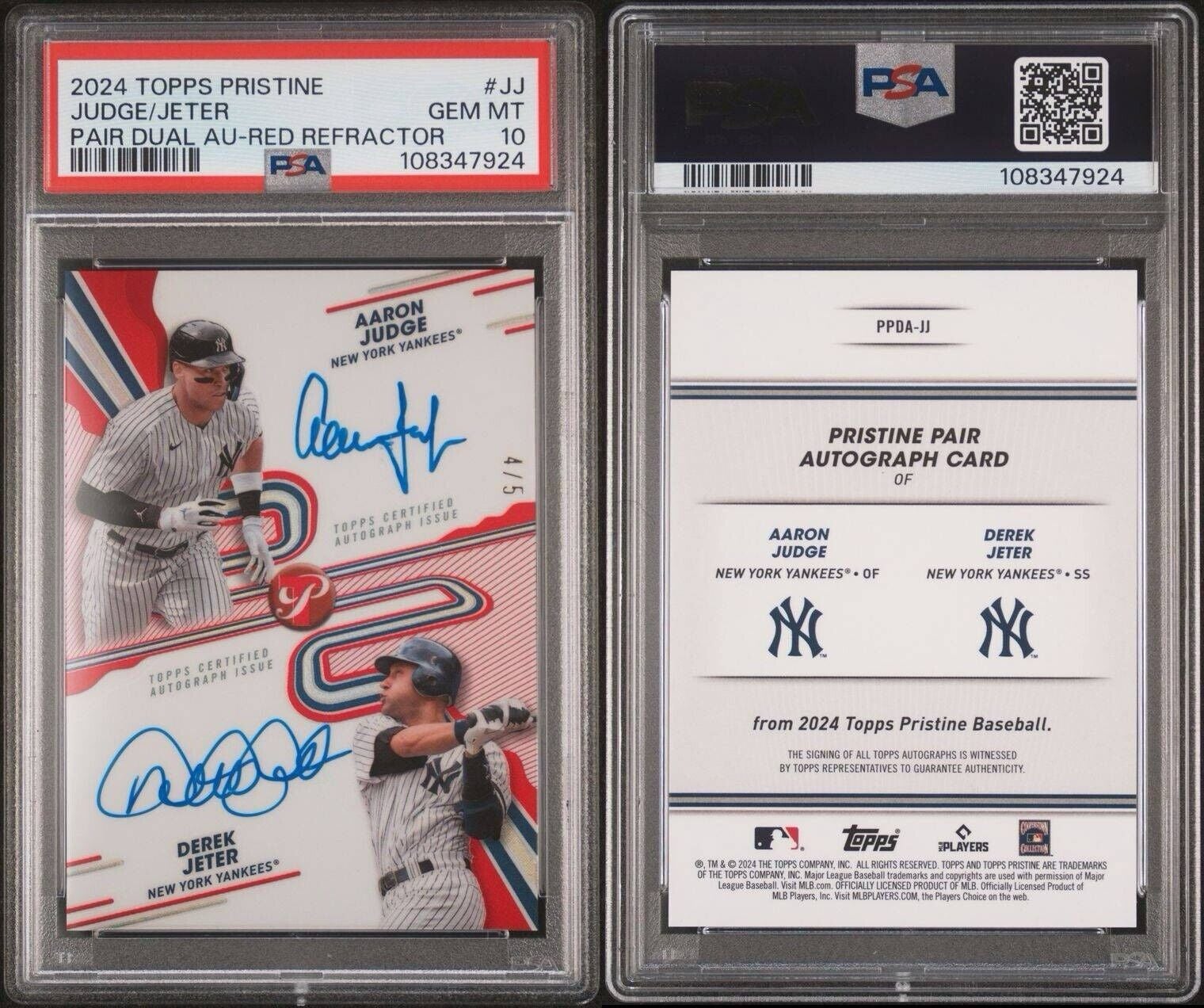 2024 Topps Pristine Aaron Judge/Derek Jeter Red Refractor Dual Auto card.