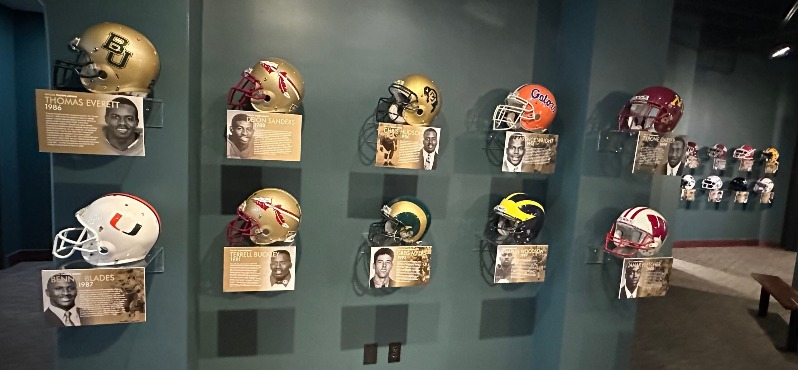 College football helmets at the Oklahoma Sports Hall of Fame. 