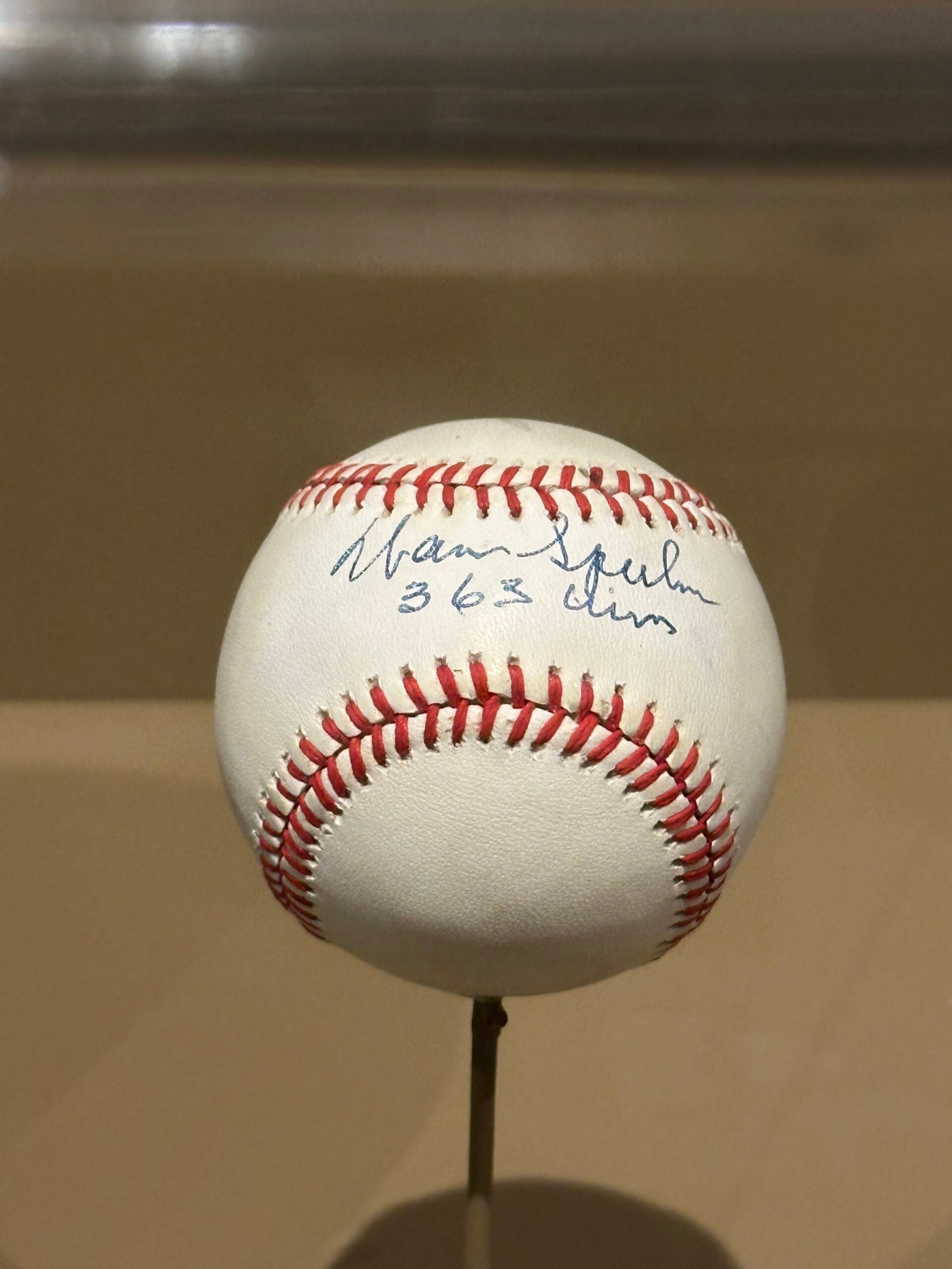Warren Spahn signed ball at the Oklahoma Sports Hall of Fame. 