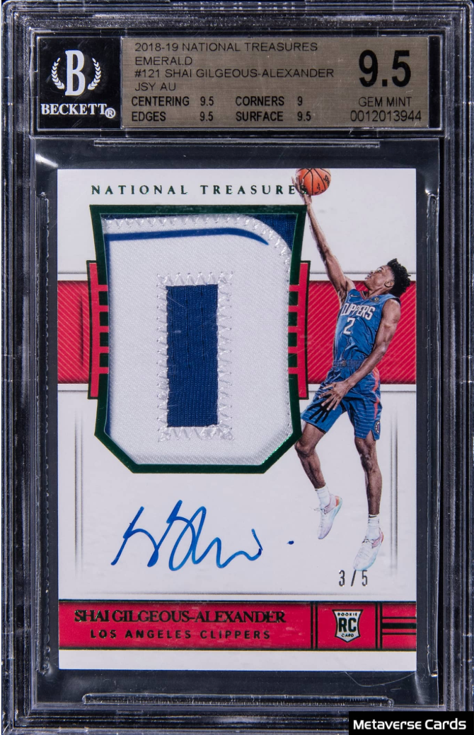 2018-19 Panini National Treasures Shai Gilgeous-Alexander Rookie Patch Autograph Emerald Patch Rookie card.