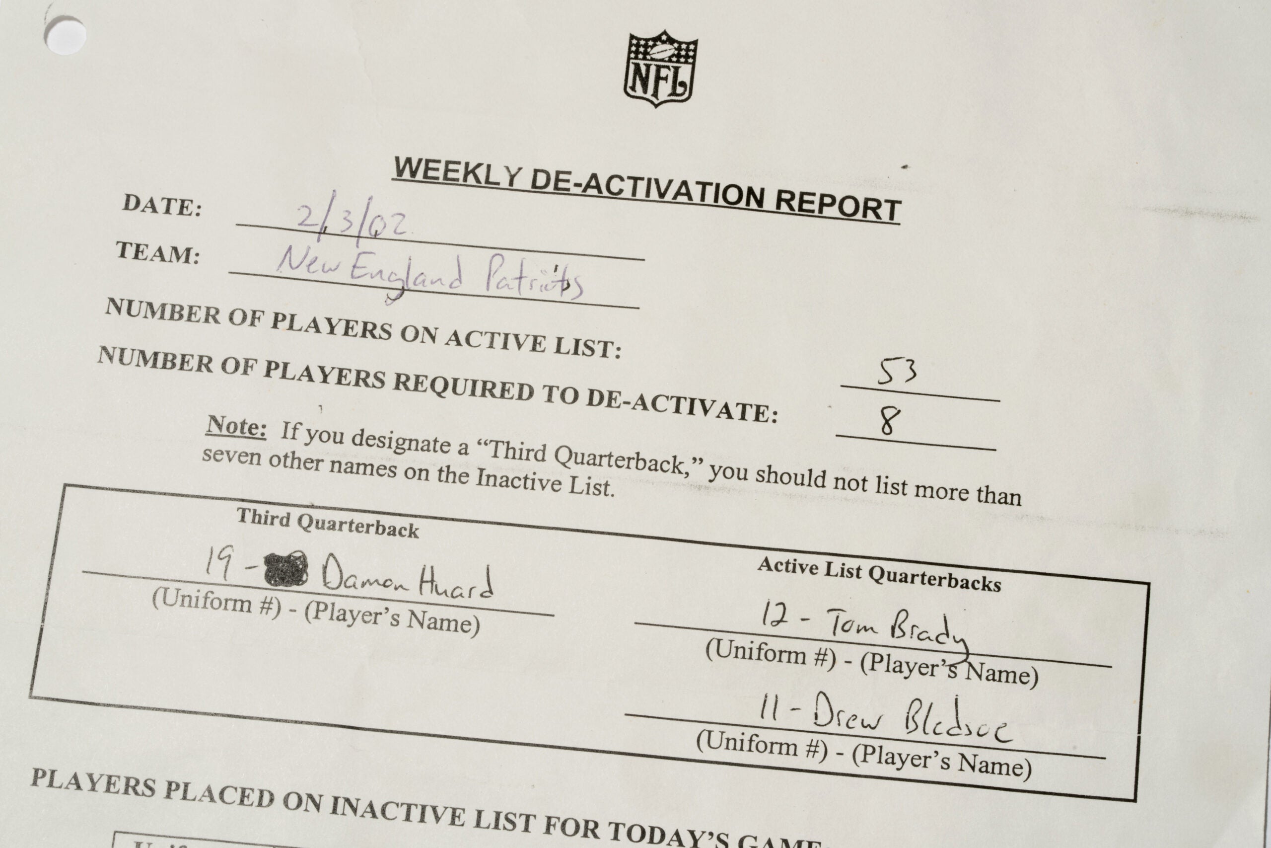 New England Patriots Weekly De-Activation Report for the 2002 Super Bowl, which shows Tom Brady as QB1. 