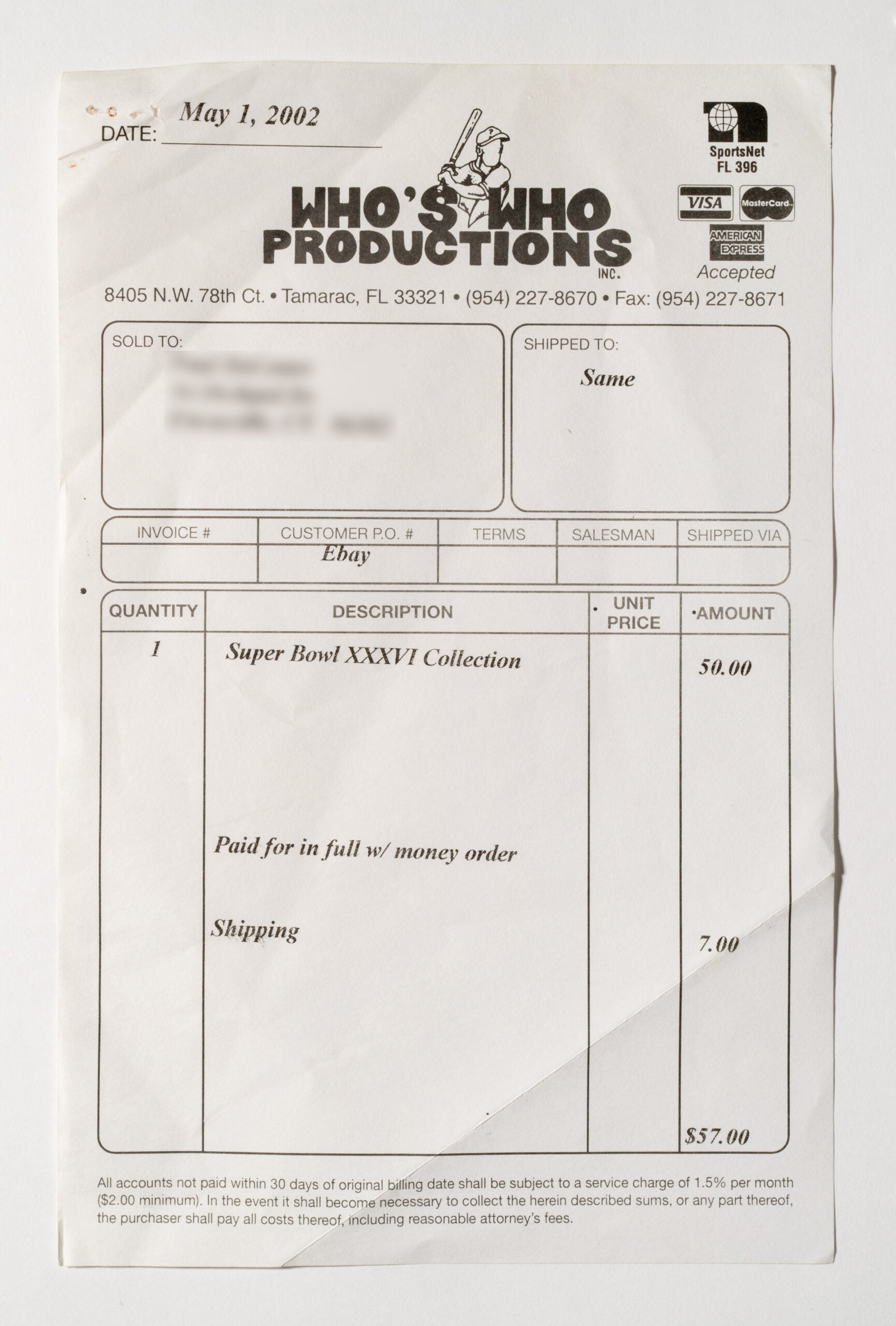 Receipt for the New England Patriots De-Activation Report for the 2002 Super Bowl. 