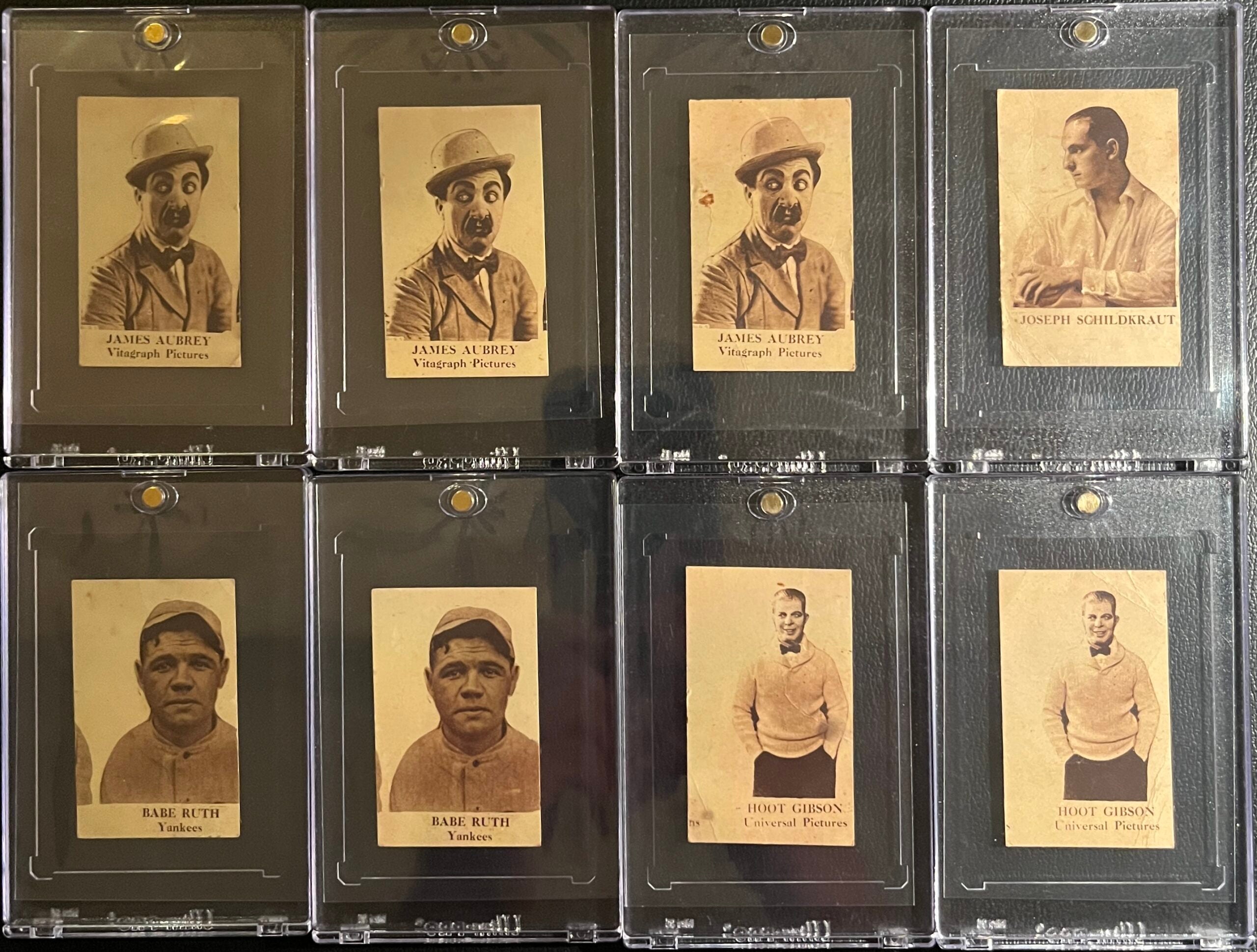A set of 1920s W-UNC “Shoulderless” strip cards featuring actors James Aubrey, Joseph Schildkraut and Hoot Gibson, and baseball legend Babe Ruth. 