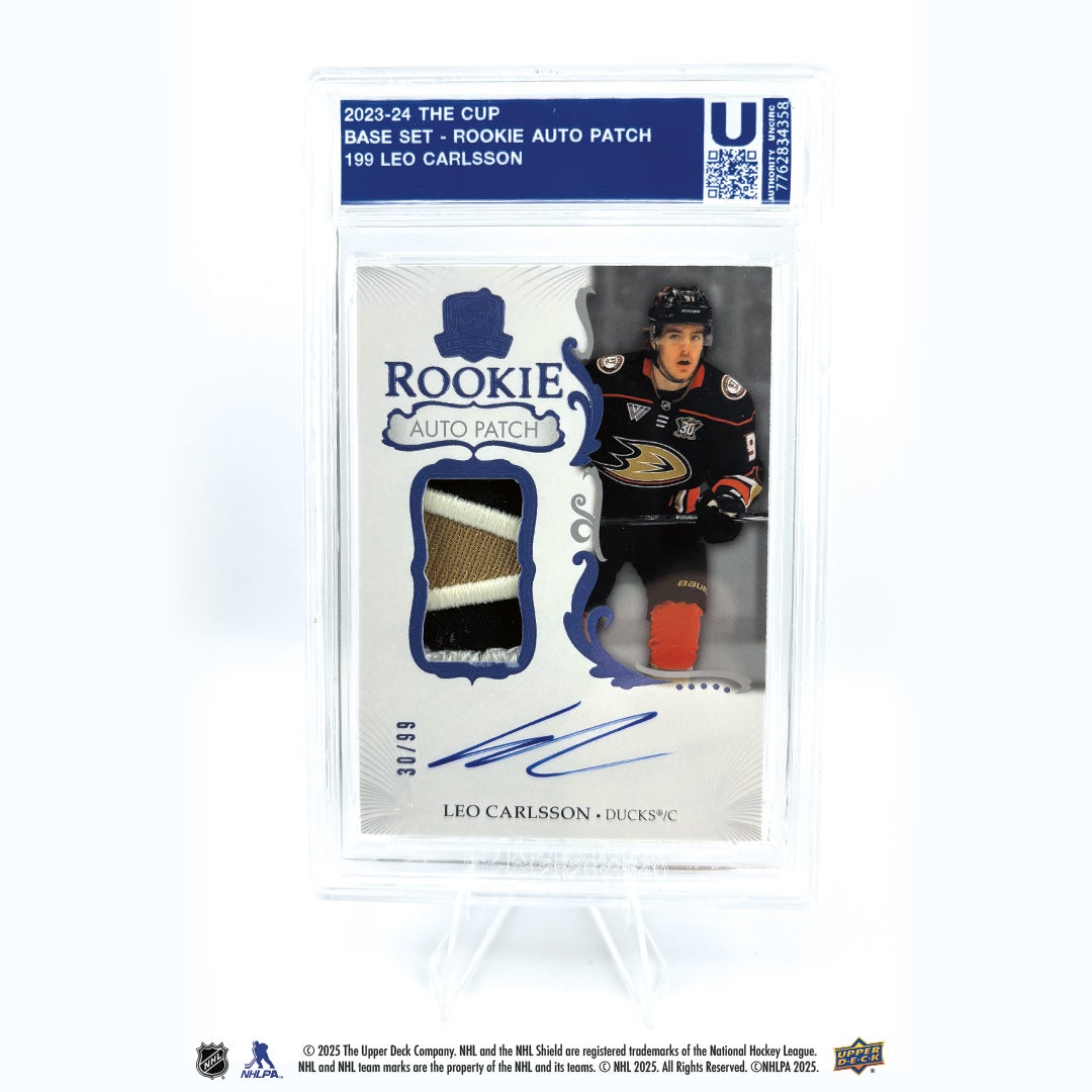 2023-24 Upper Deck The Cup Leo Carlsson Rookie Auto Patch card. 