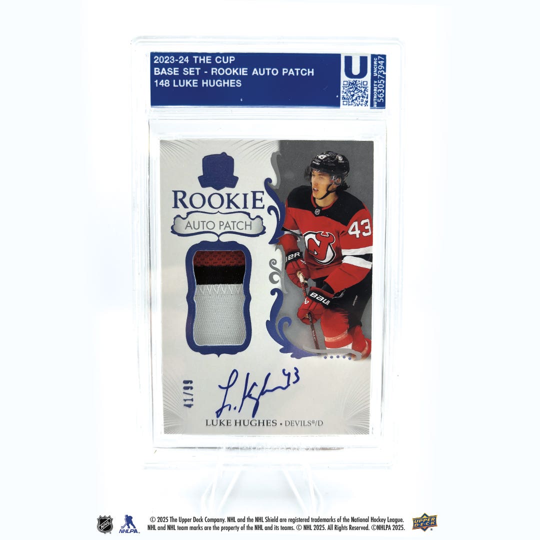 2023-23 Upper Deck The Cup Luke Hughes Rookie Patch Auto card.