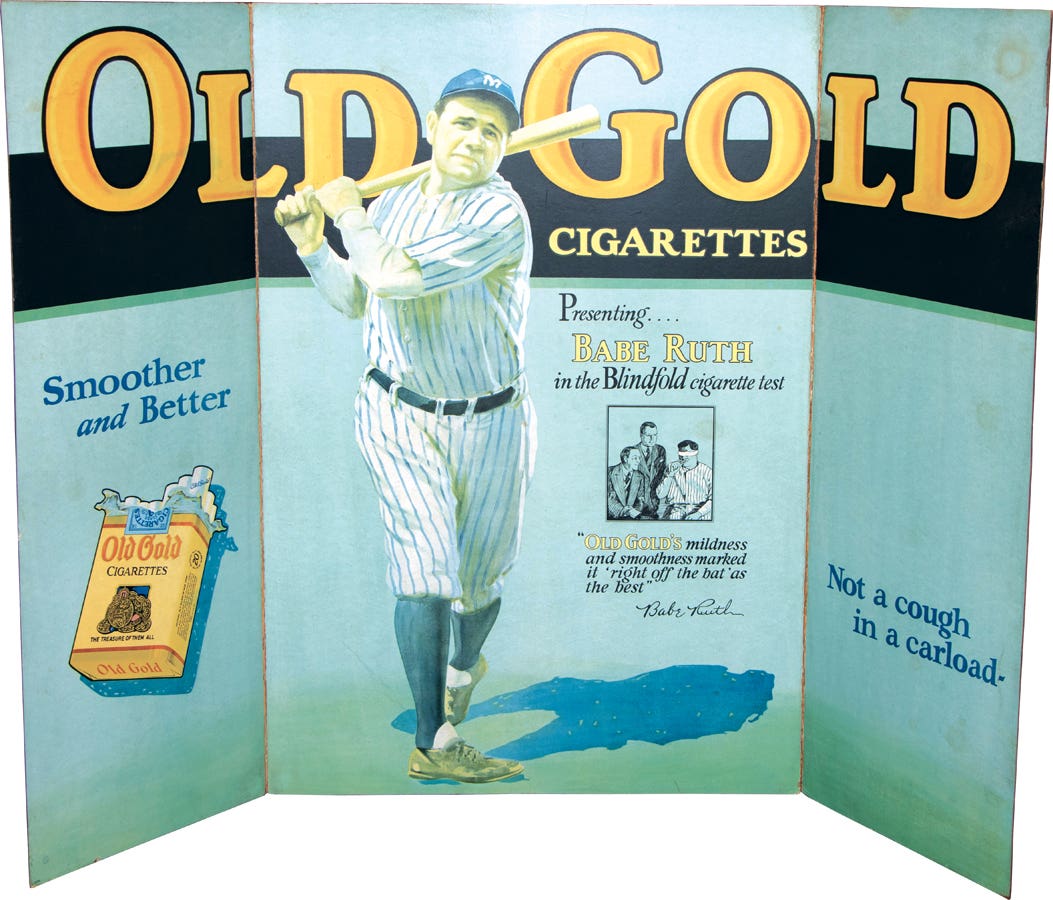 circa 1933 Old Gold Cigarettes Babe Ruth tri-fold advertising display piece featuring Babe Ruth.