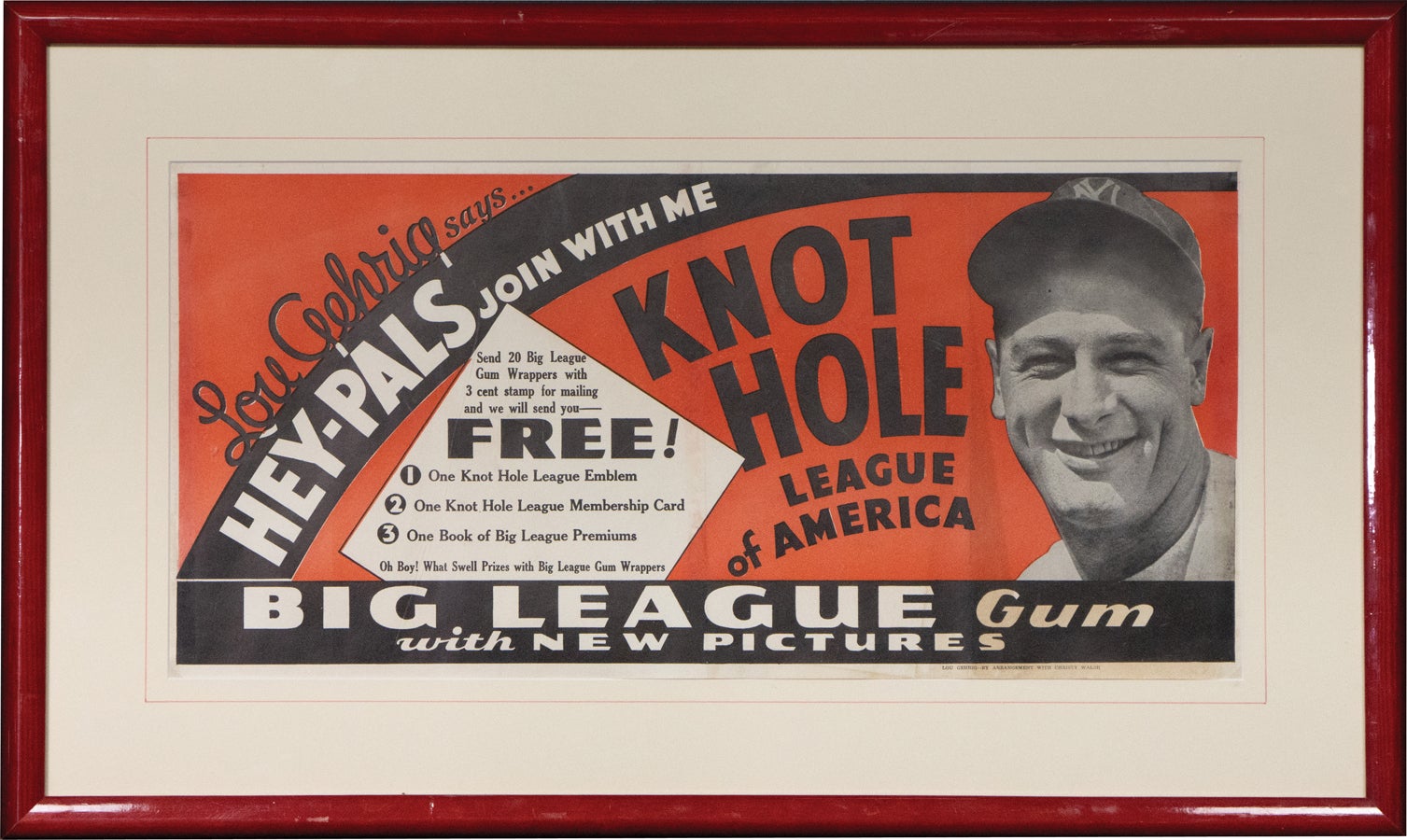 1934 Lou Gehrig “Knot Hole League of America” Club ad display. 