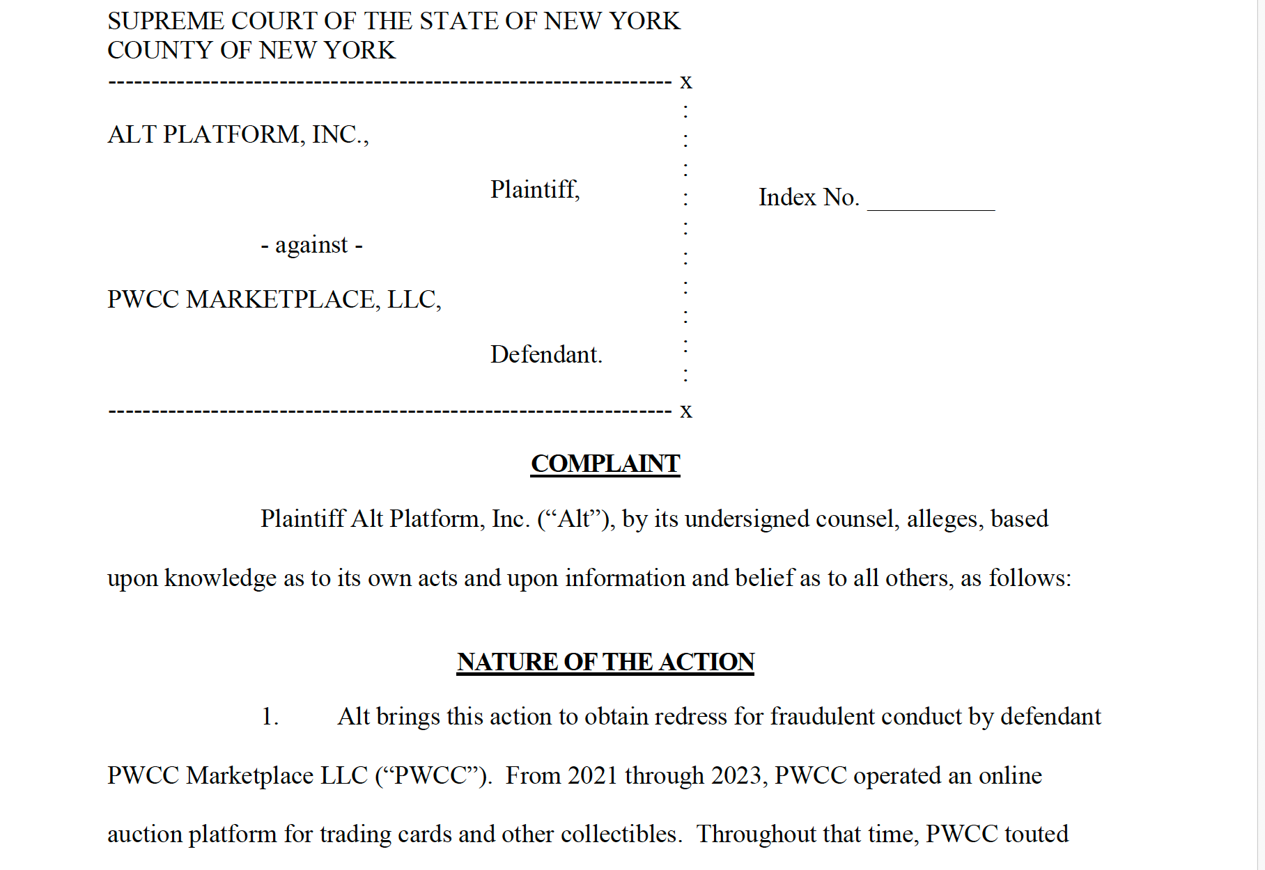 Alt Platform Inc. vs. PWCC Marketplace, LLC lawsuit. 