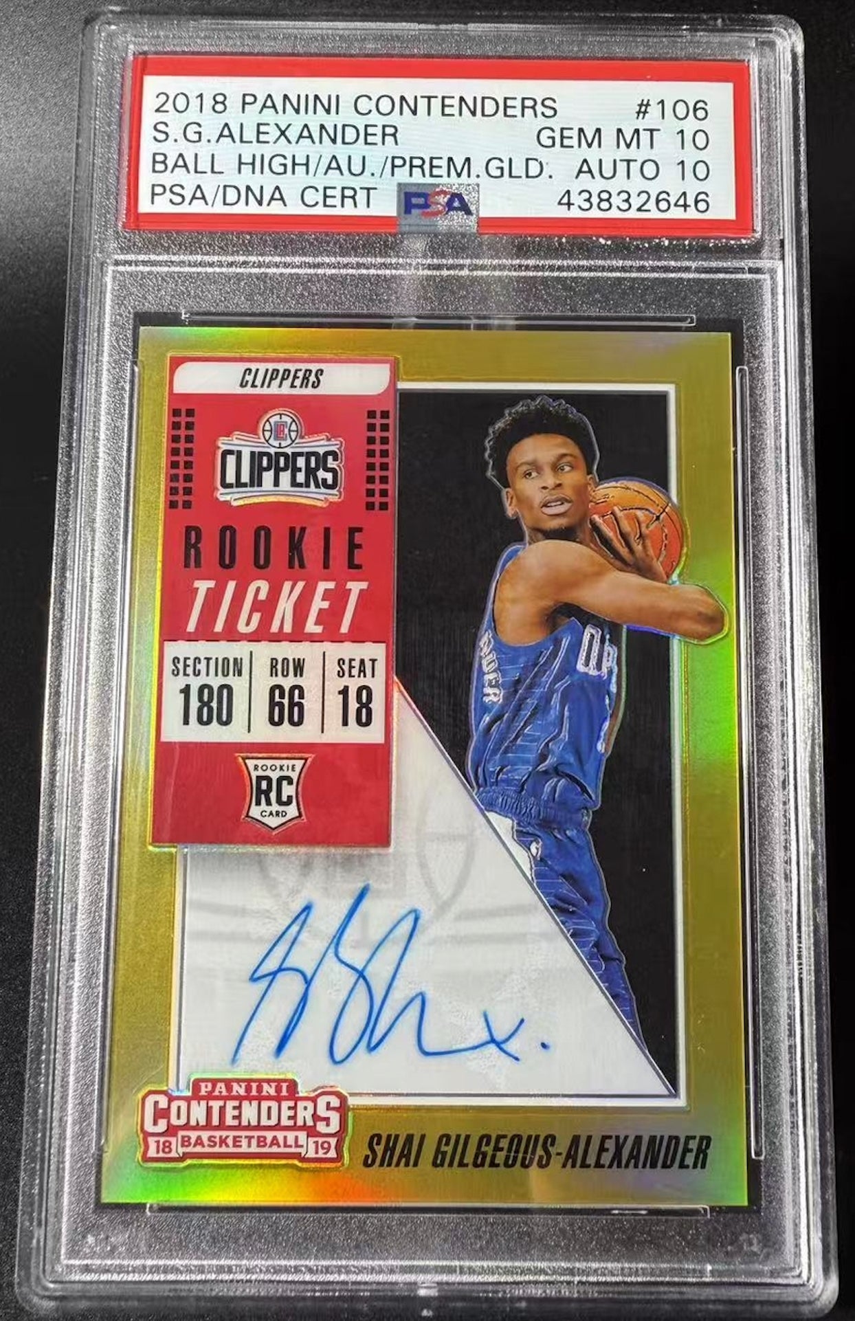 2018-19 Panini Contenders Shai Gilgeous-Alexander autographed Gold Rookie Ticket card.
