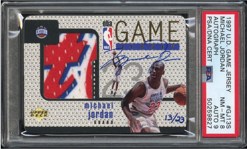 1997 Upper Deck Game Jersey Michael Jordan Auto Parch card. 