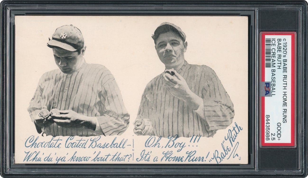 1920s Babe Ruth Ice Cream Baseball advertising postcard.
