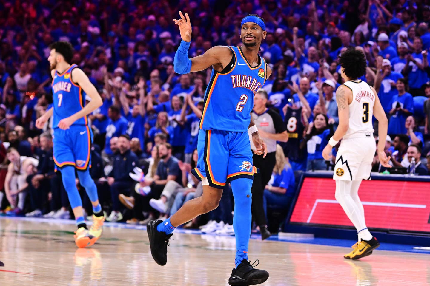 Shai Gilgeous-Alexander celebrates against the Nuggets in the NBA Playoffs.
