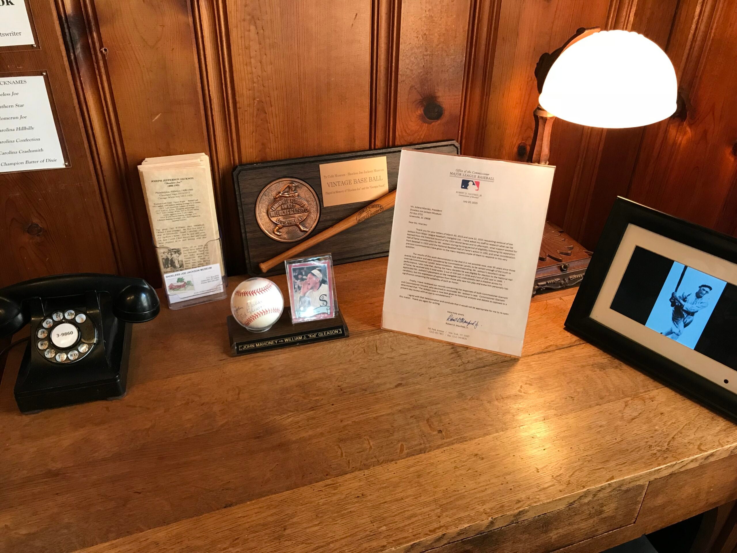 A letter at the Shoeless Joe Jackson Museum requesting that Baseball Commissioner Rob Manfred reinstate Shoeless Joe Jackson. 