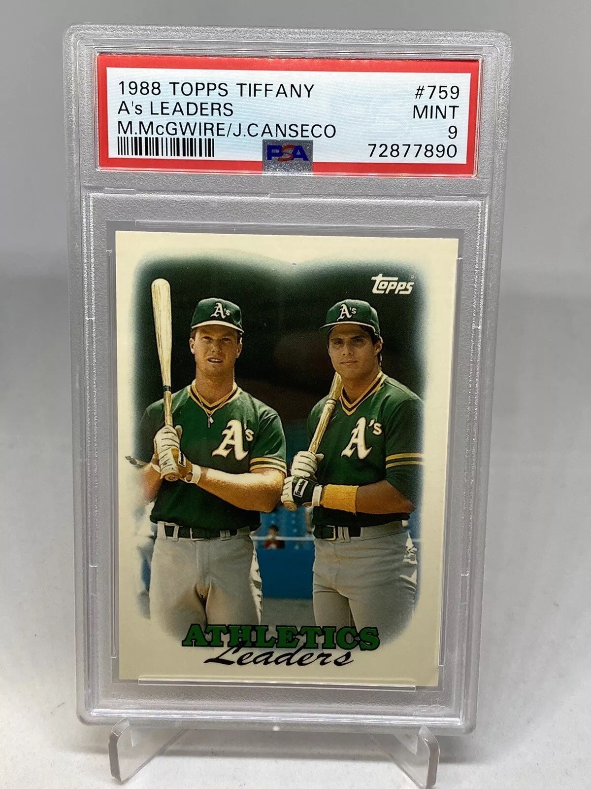 1988 Topps Tiffany A's Leaders Mark McGwire/Joe Canseco card. 