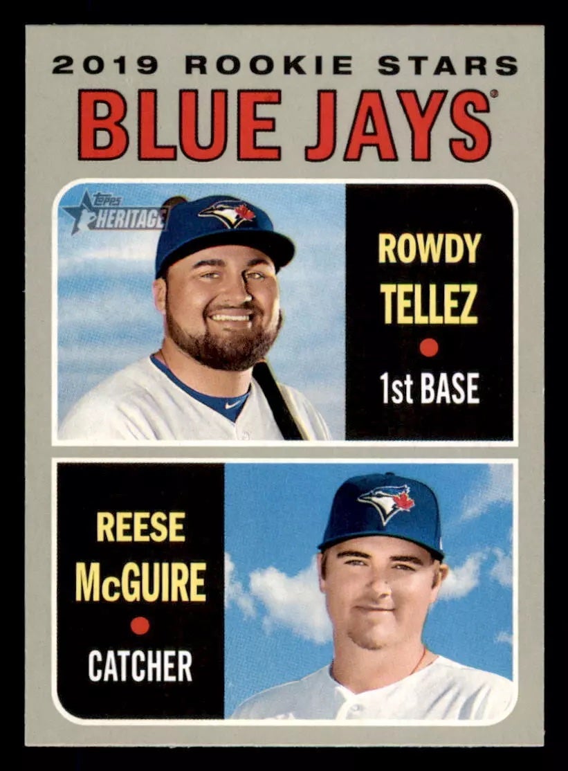 2019 Topps Heritage Blue Jays Rookie Stars Rowdy Tellez and Reese McGuire card. 
