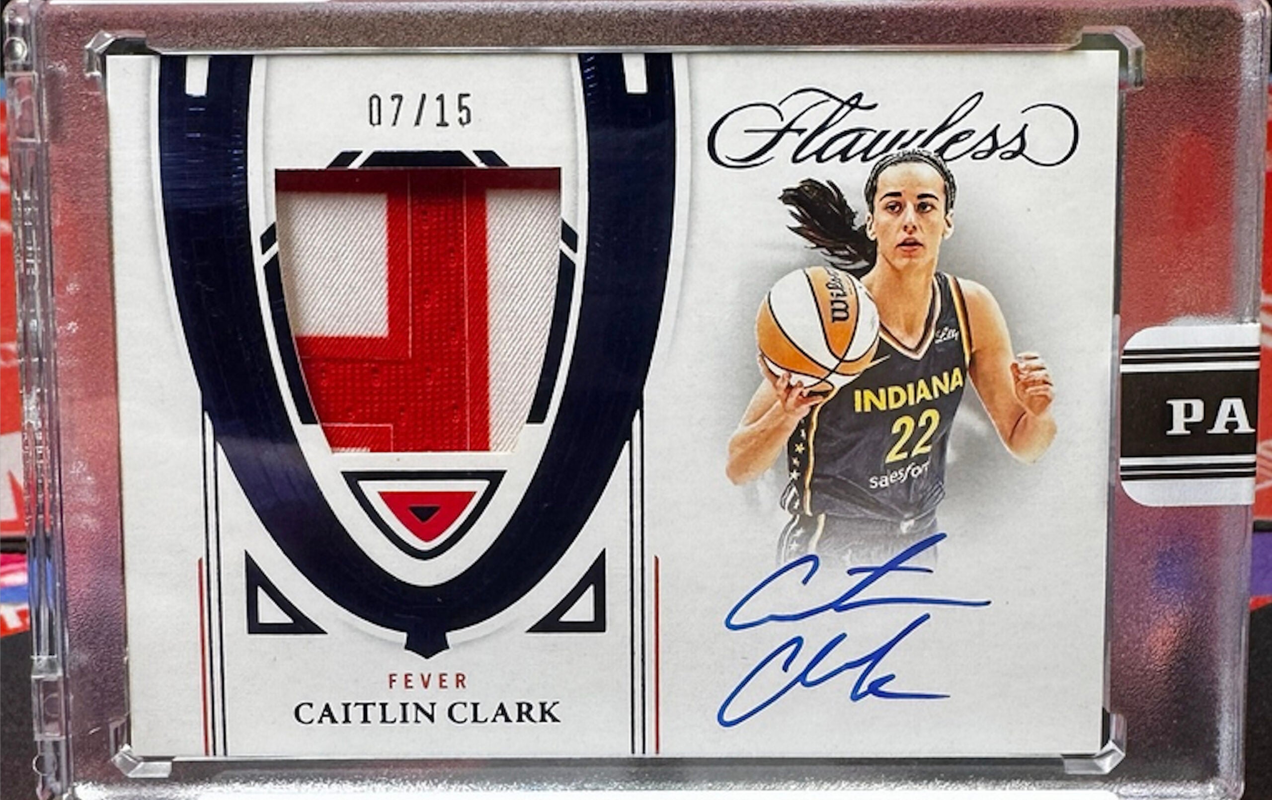 2024-25 Panini Flawless Caitlin Clark Sapphire card.