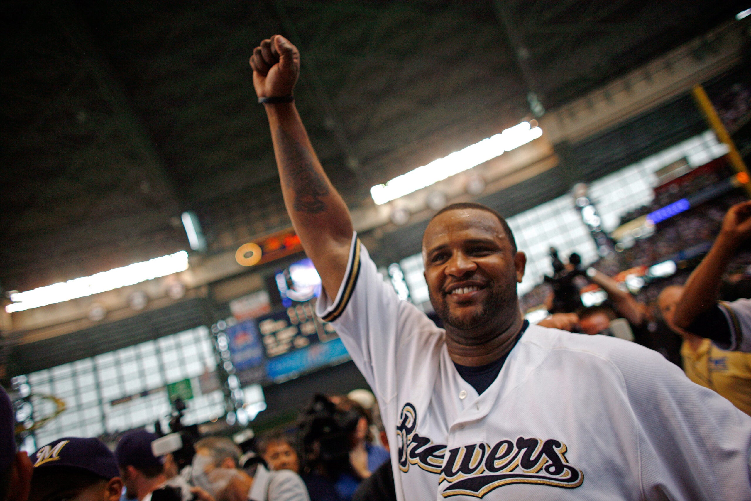Sabathia pumps his fist after pitching a complete game against the Cubs in the 2008 NL Wild Card game at Miller Park. 