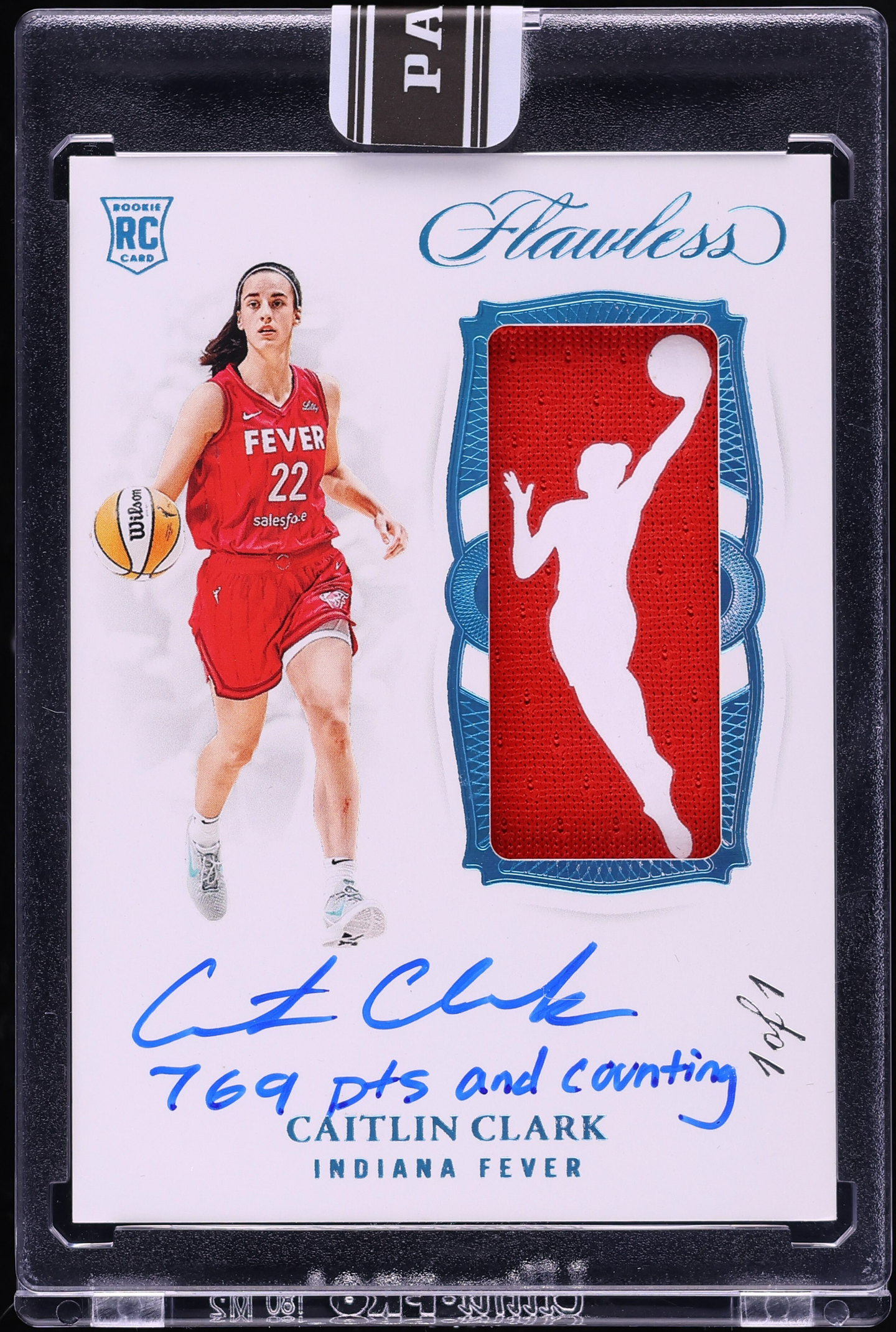 2024 Panini Flawless WNBA Platinum Rookie Caitlin Clark Logowoman Patch Auto 1/1 card.