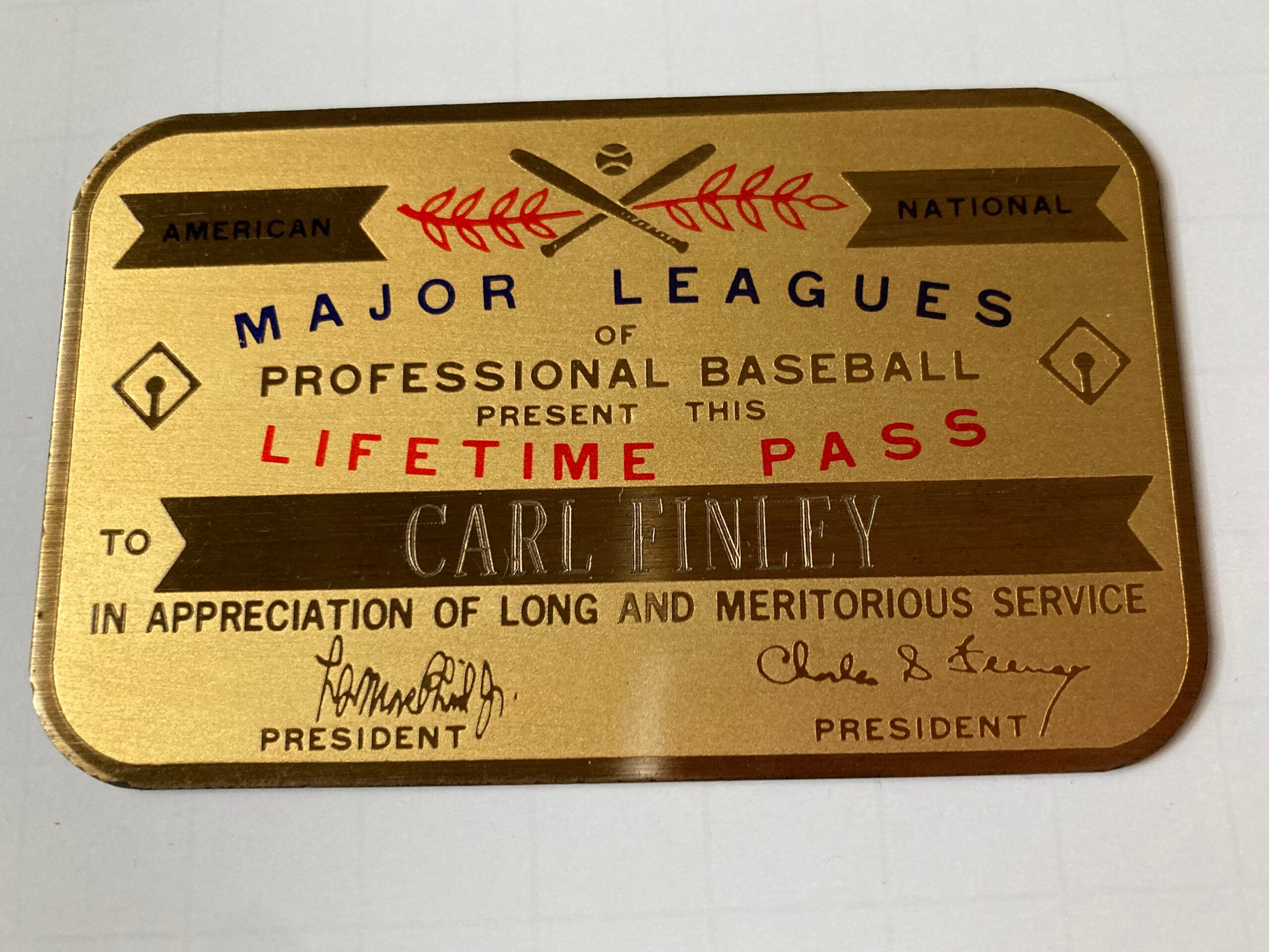 Charlie Finley's MLB Lifetime Pass. 