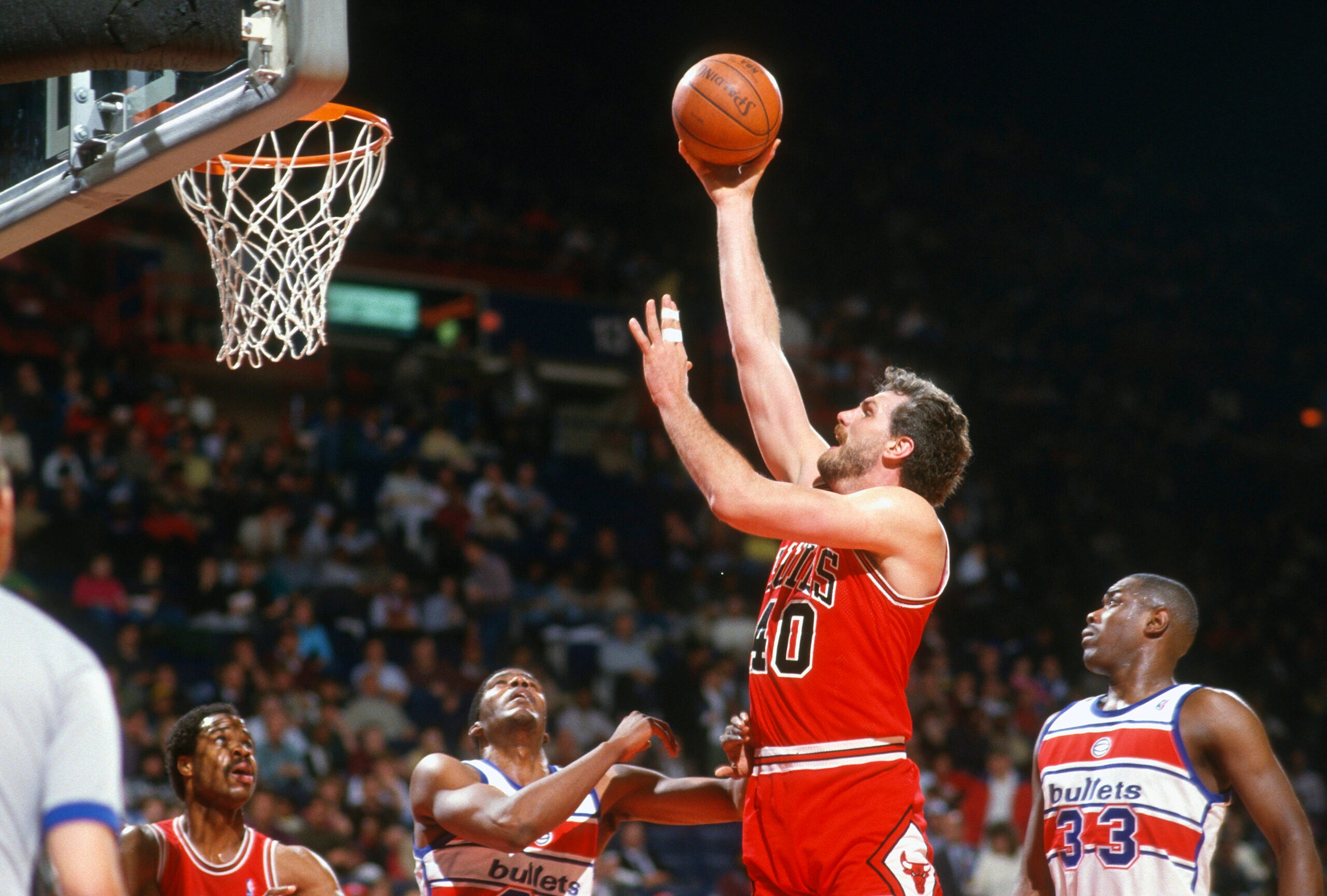 Chicago Bulls center Dave Corzine takes a shot against the Washington Bullets in 1986 at the Capital Centre in Landover, Md. 
