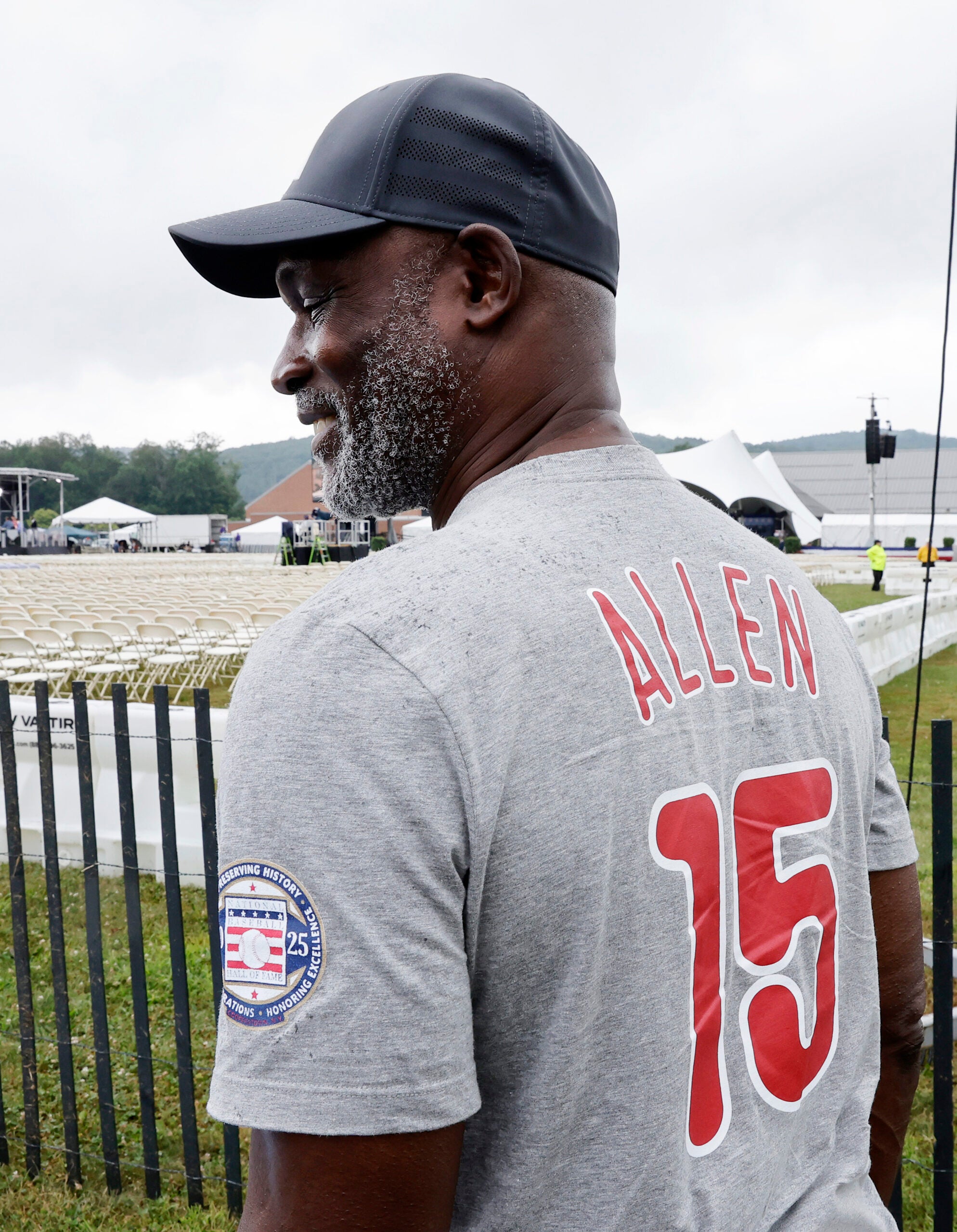 Robert Hamilton from Philadelphia  shows his support for Hall of Fame inductee Dick Allen at the Baseball Hall of Fame induction ceremony. 