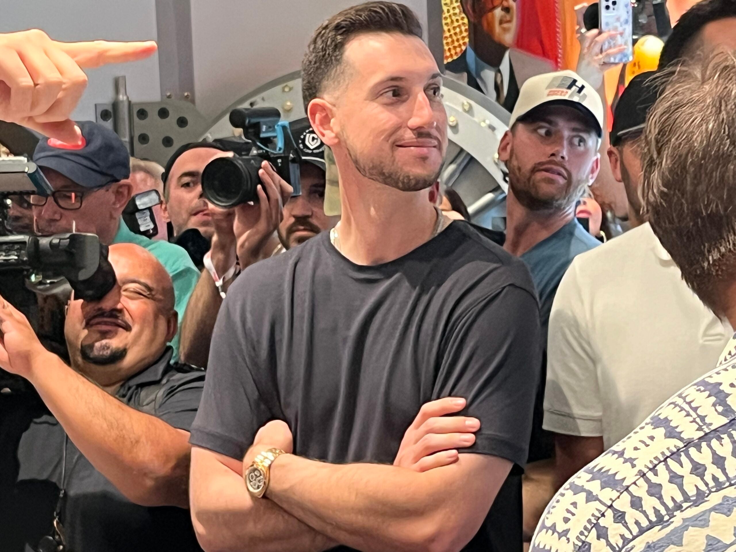 Cubs star Kyle Tucker at the new CardVault by Tom Brady shop across from Wrigley Field in Chicago. 