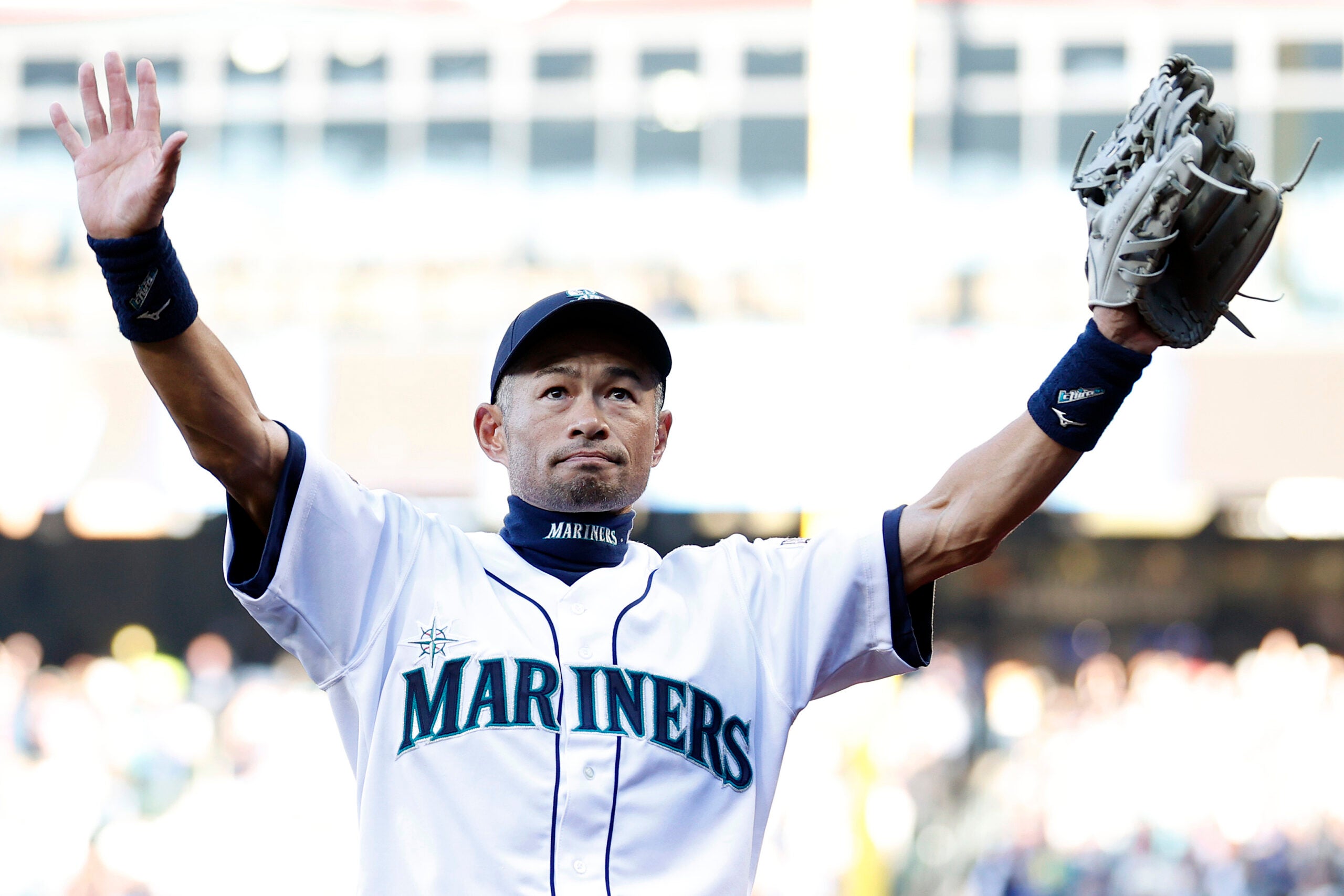 Ichiro waves to fans after throwing out the ceremonial first pitch during Seattle’s home opener in 2022. Ichiro was inducted into the Mariners Hall of Fame in August 2022. 