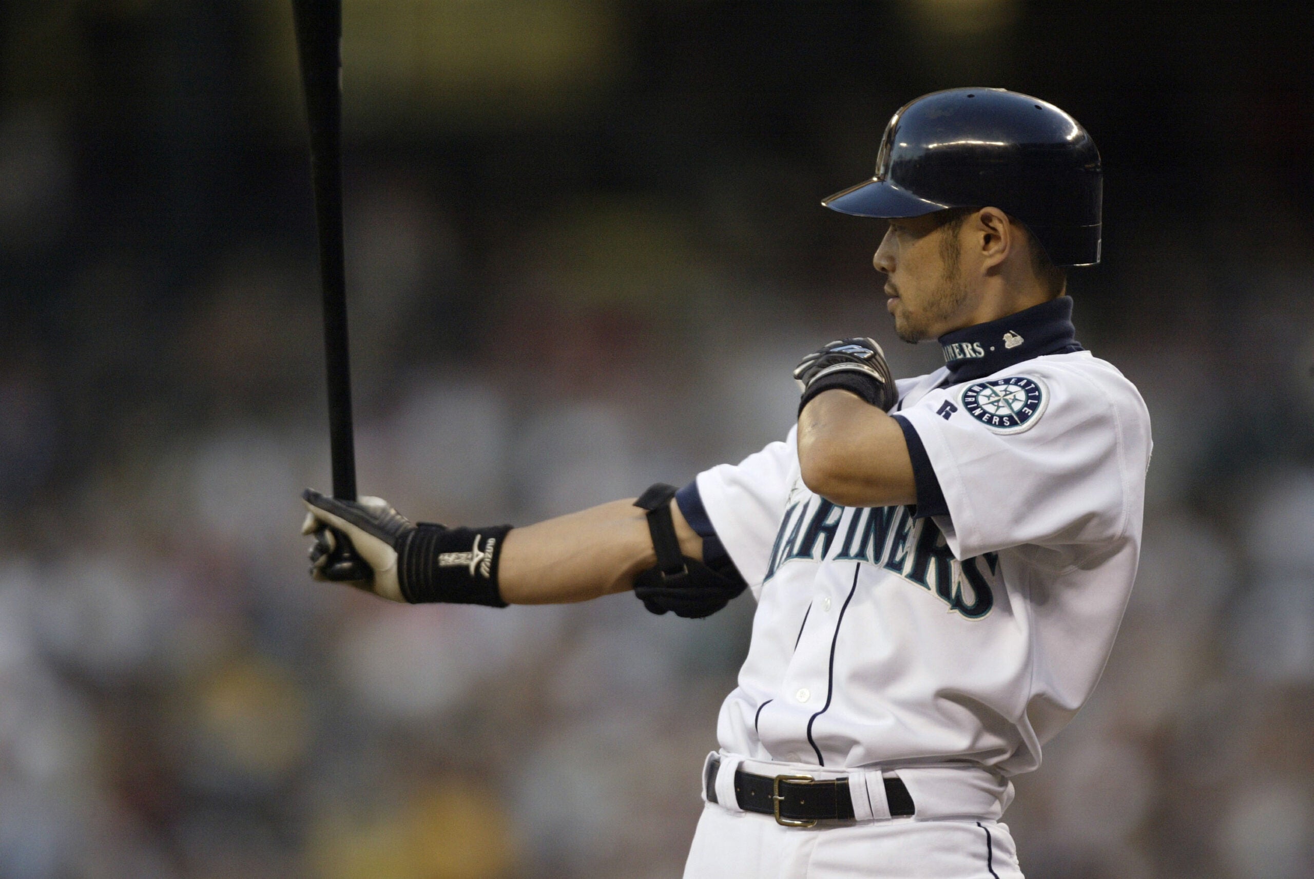 Ichiro bats against the Texas Rangers at Safeco Field in Seattle in 2004. 