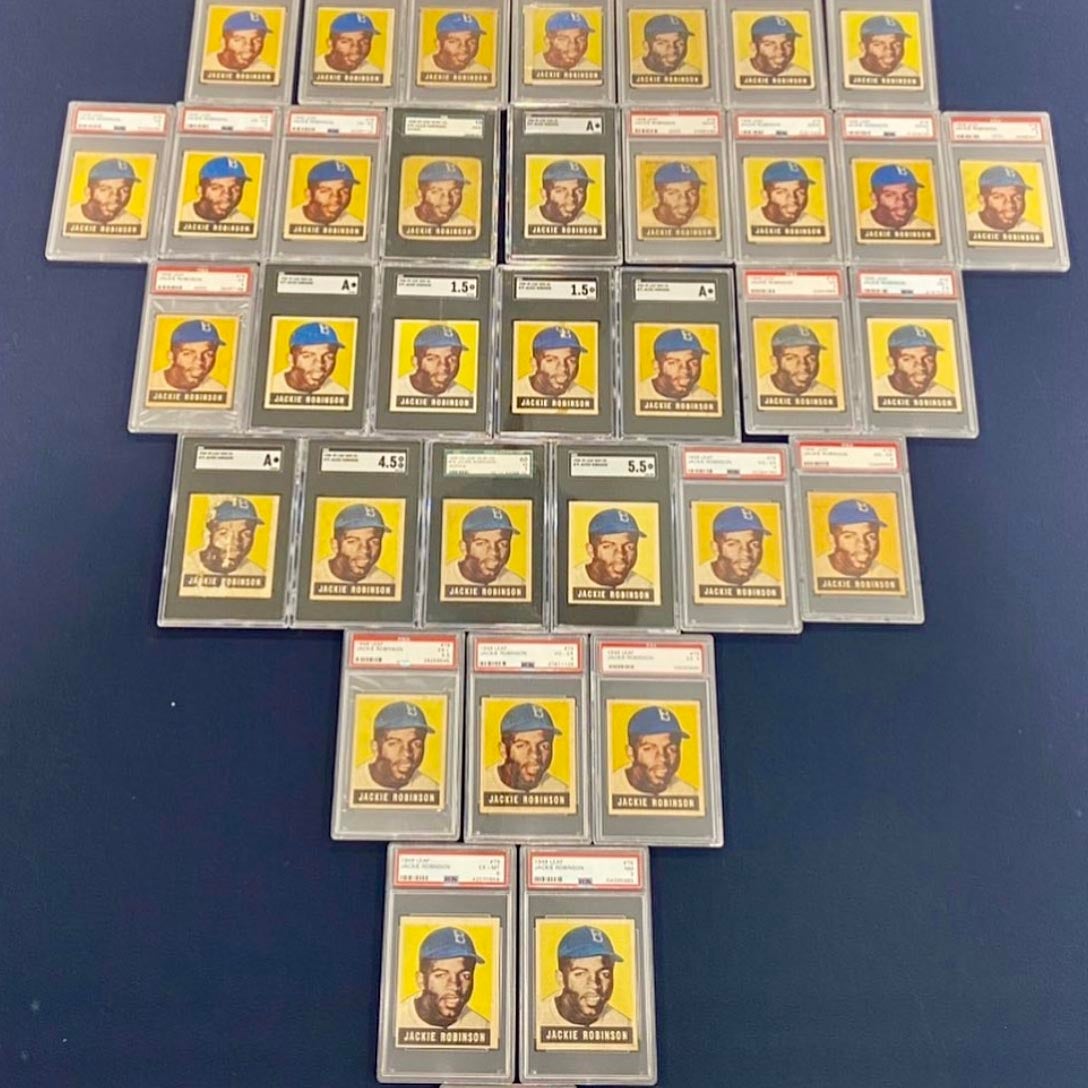 Jason Koonce's collection of Jackie Robinson cards. 