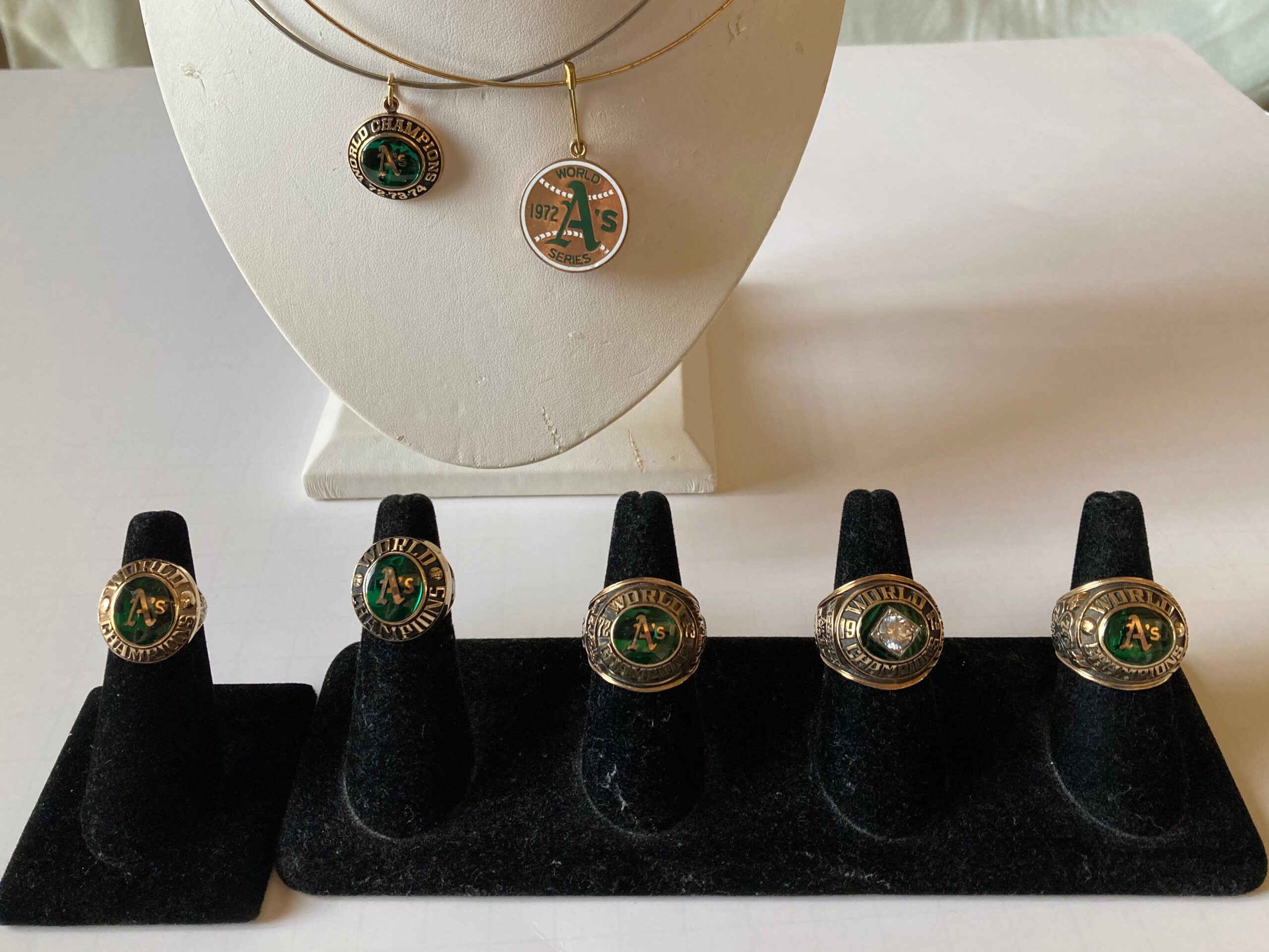 Nancy Finley's Oakland A's championship rings and jewelry. 
