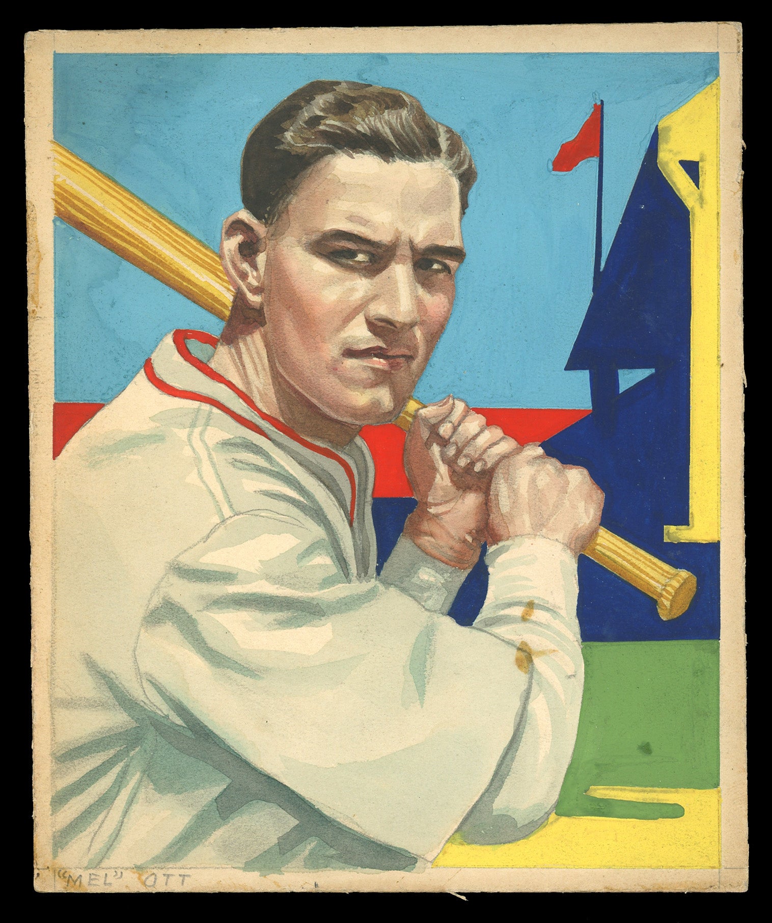 Original artwork featuring Mel Ott and Jimmie Foxx from the 1934-1936 R327 Diamond Stars set.