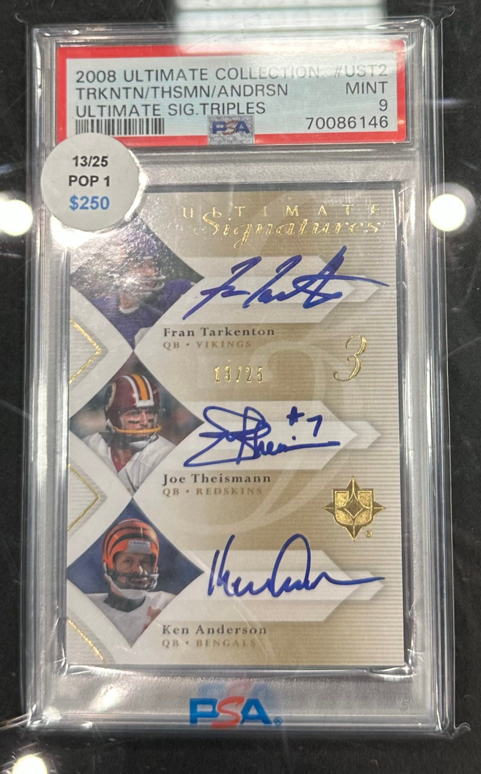 2008 Ultimate Collection card of NFL quarterbacks Fran Tarkenton, Joe Theismann and Ken Anderson. 