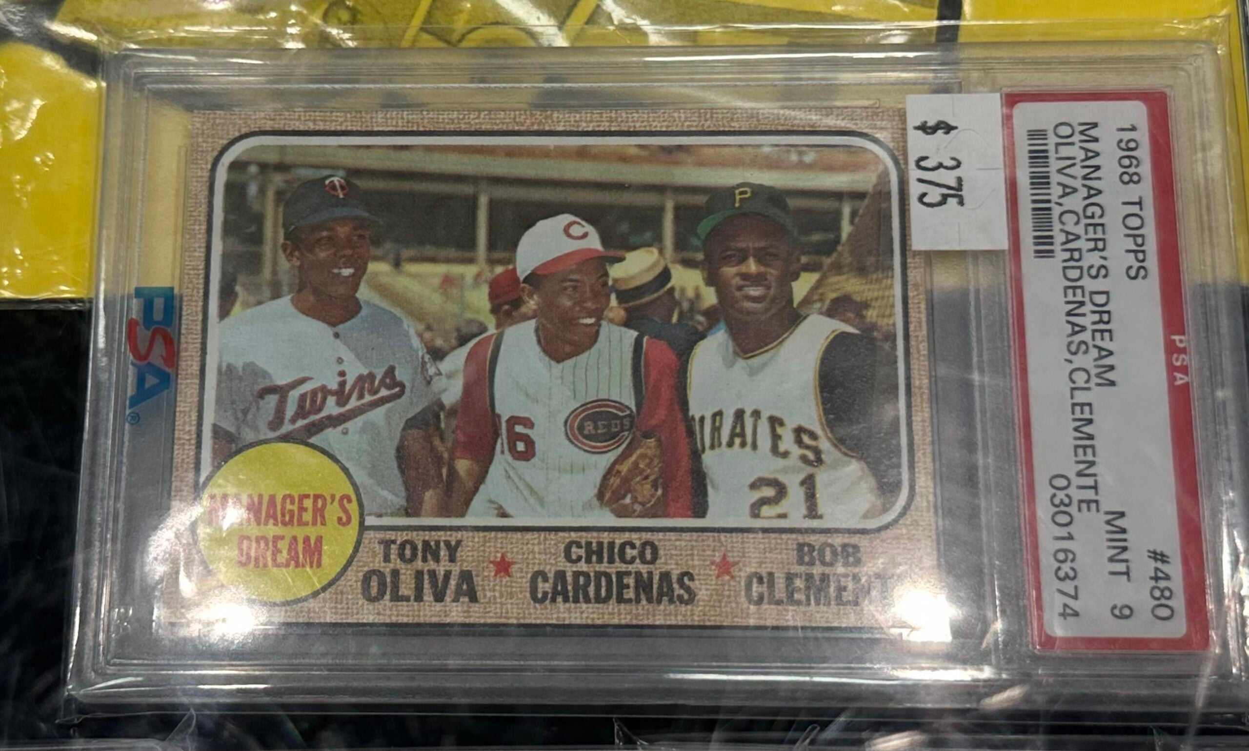1968 Topps card of Tony Olivia, Chico Cardenas and Roberto Clemente. 