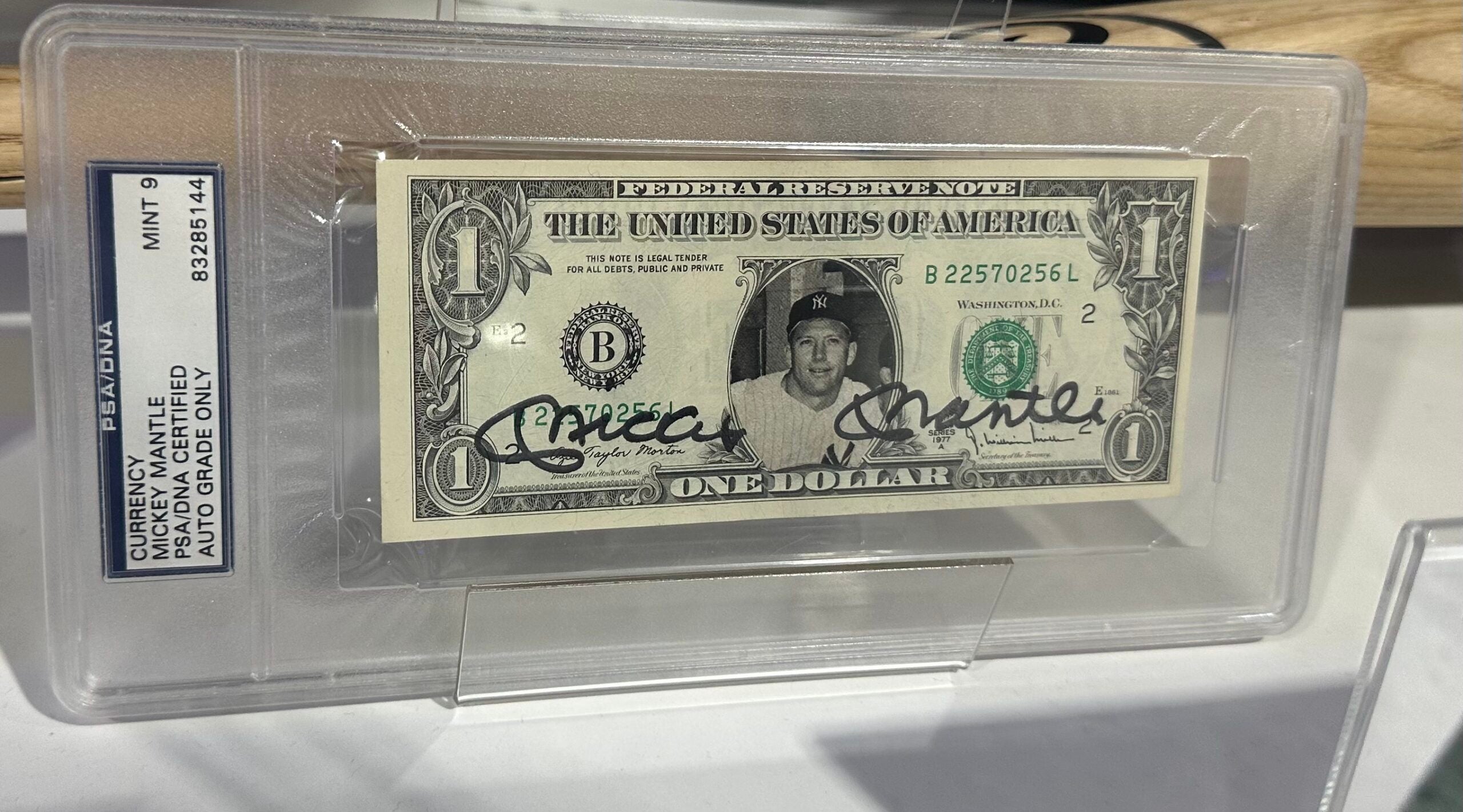 A $1 bill signed by Mickey Mantle at Dave & Adam's in New York City. 