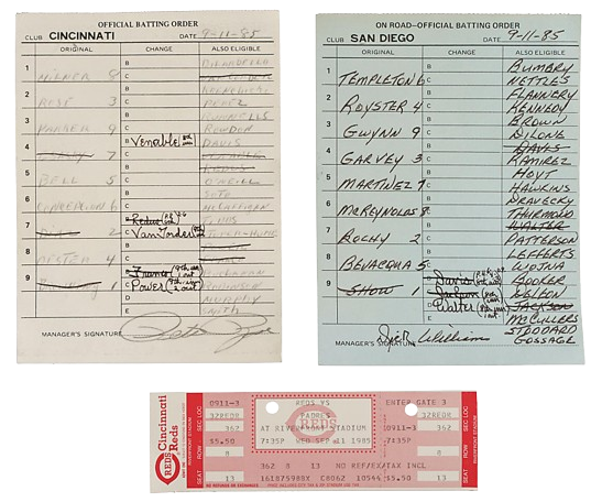 Line-up cards and ticket stub from the game in which Pete Rose became MLB's all-time hits leader. 