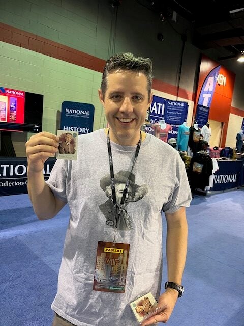 Rick Klein of ABC News in Washington, D.C. shows off his Allen & Ginter cards at The National. 