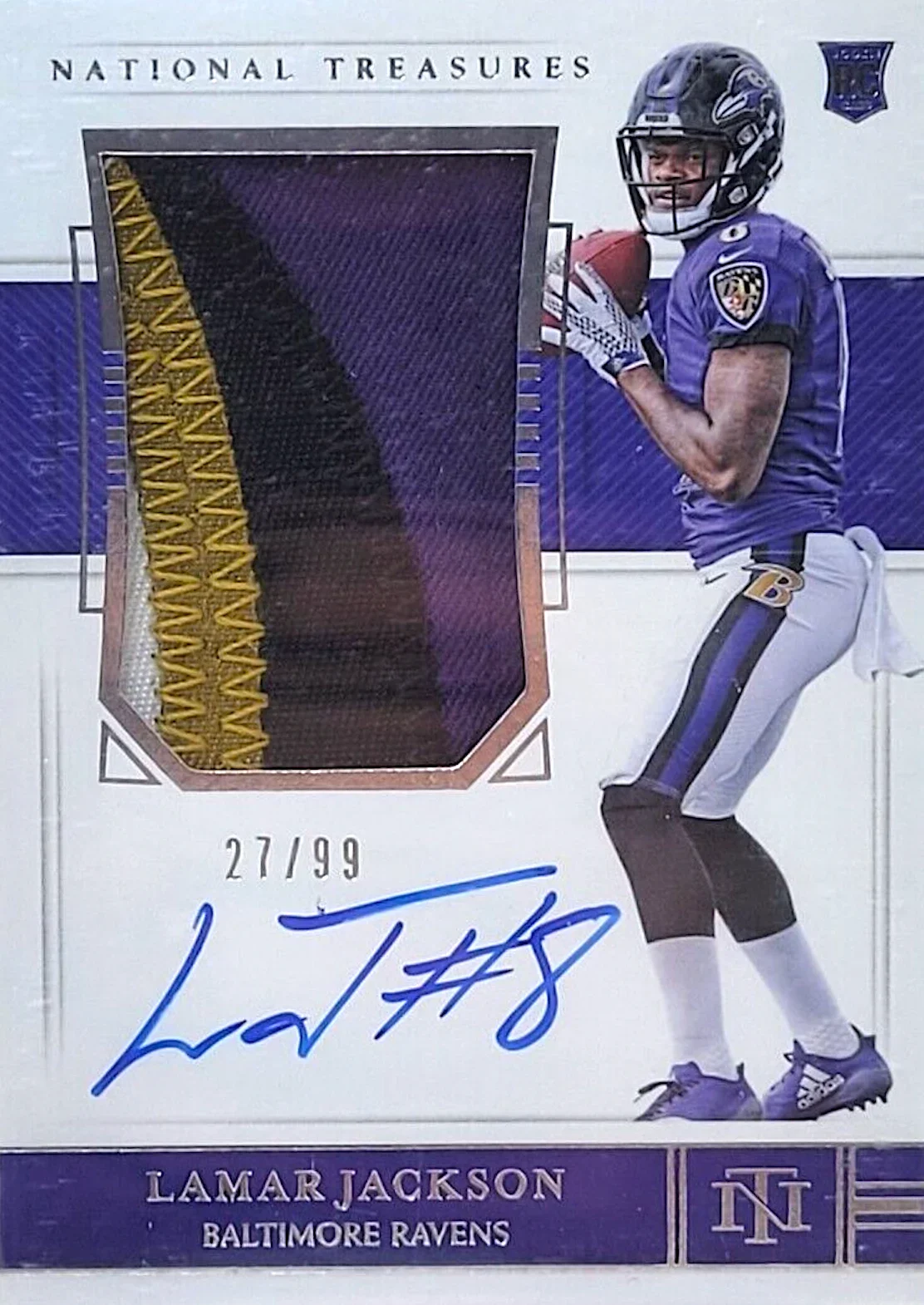 2018 National Treasures Lamar Jackson Rookie card. 