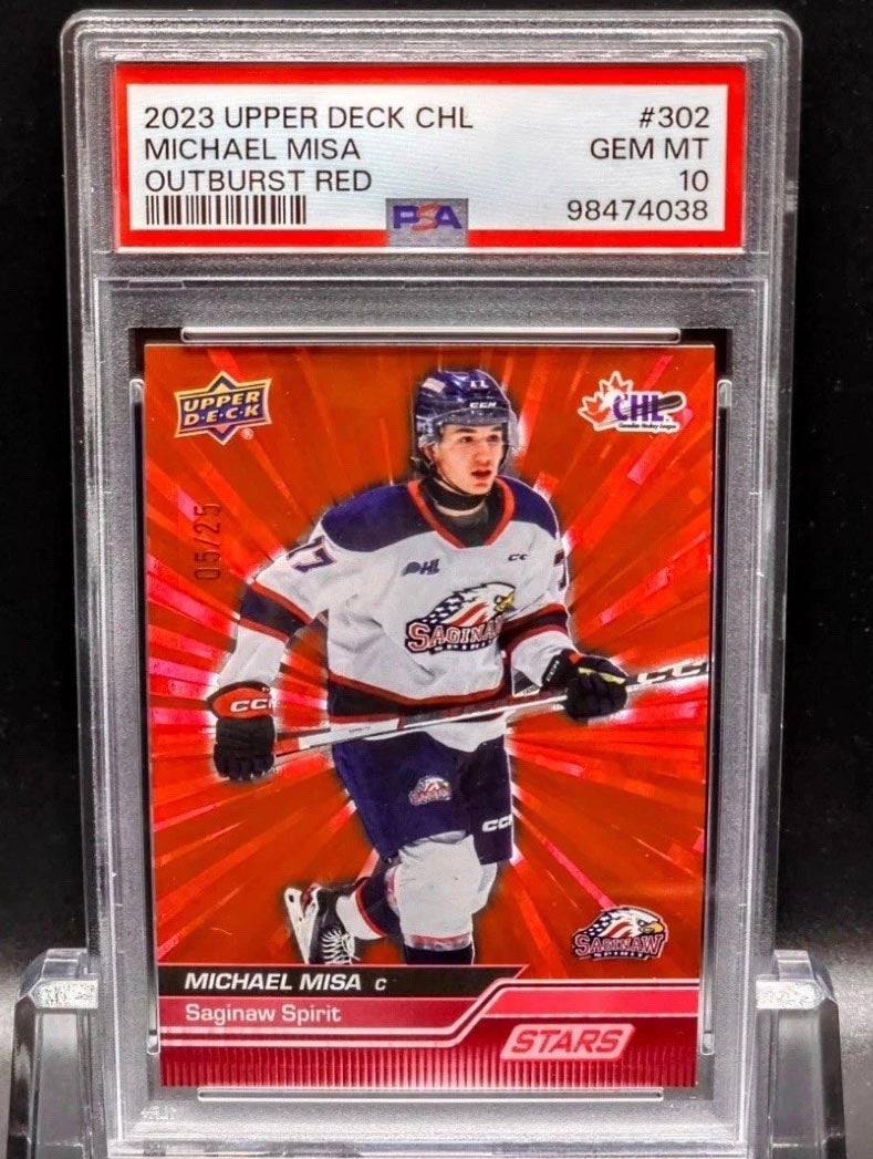 2023 Upper Deck CHL Michael Misa Outburst Red card. 