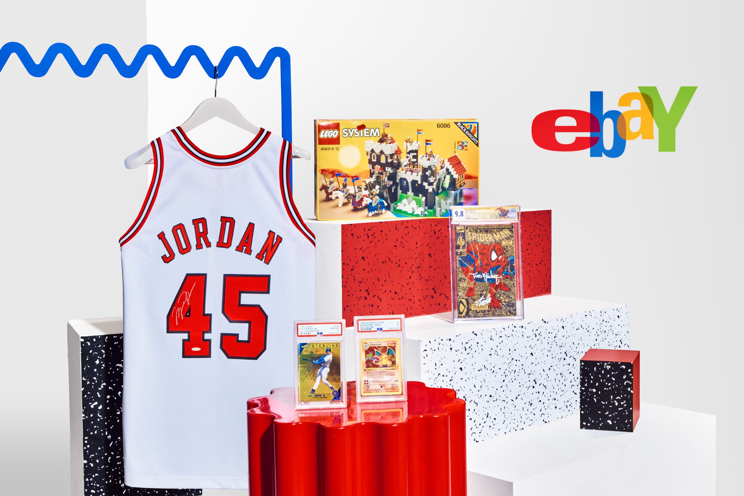 A 1994-95 Michael Jordan card headlines sports collectibles in the eBay ’95 Shop. 