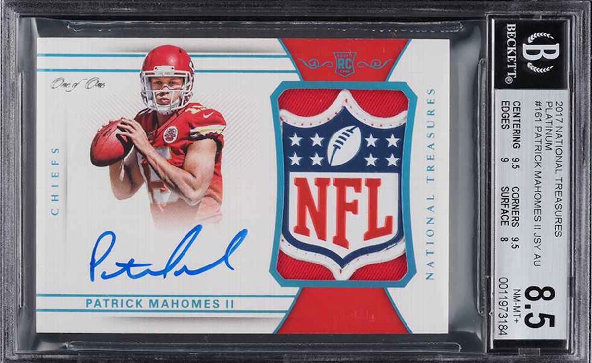 2017 National Treasures Patrick Mahomes NFL Shield RPA card. 